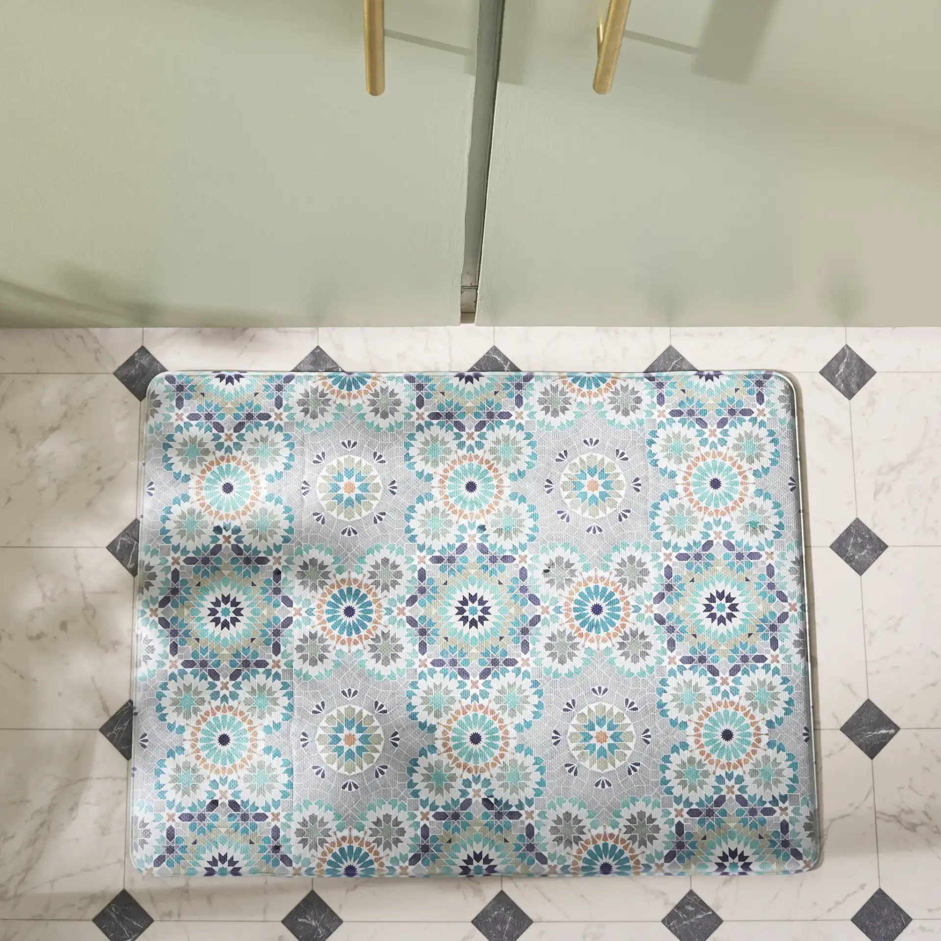 Mosaic Tile Kitchen Mat in Gray / Blue in a styled room