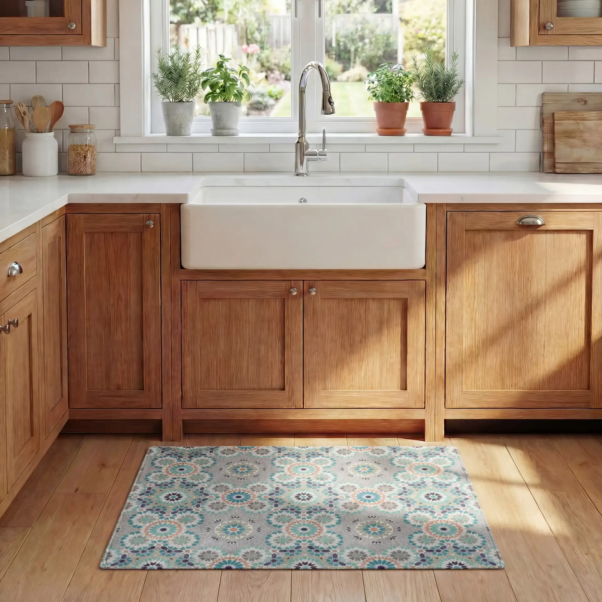 Mosaic Tile Kitchen Mat in Gray / Blue in a styled room