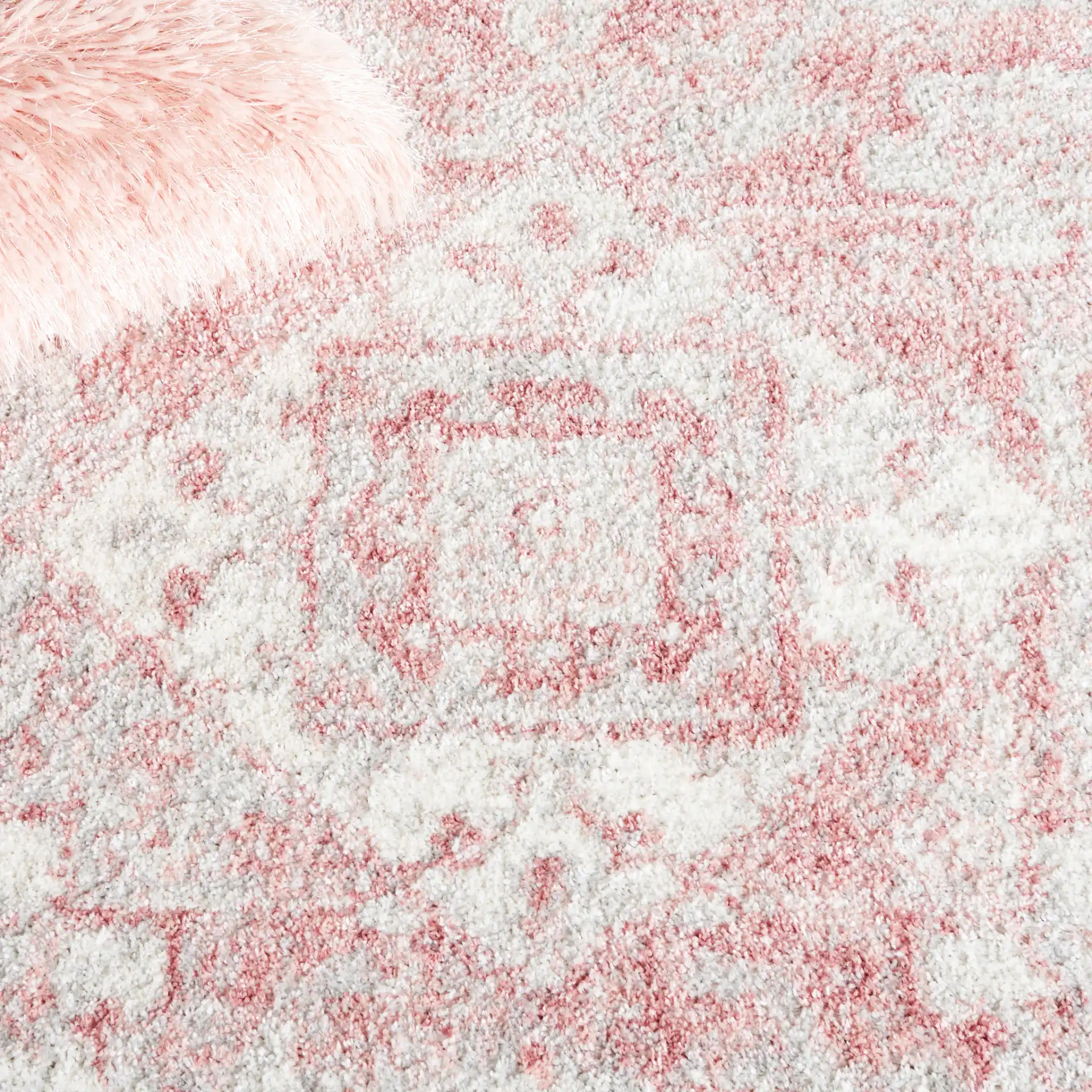 Layla Medallion Bordered Rug in Ivory Gray / Pink in a styled room