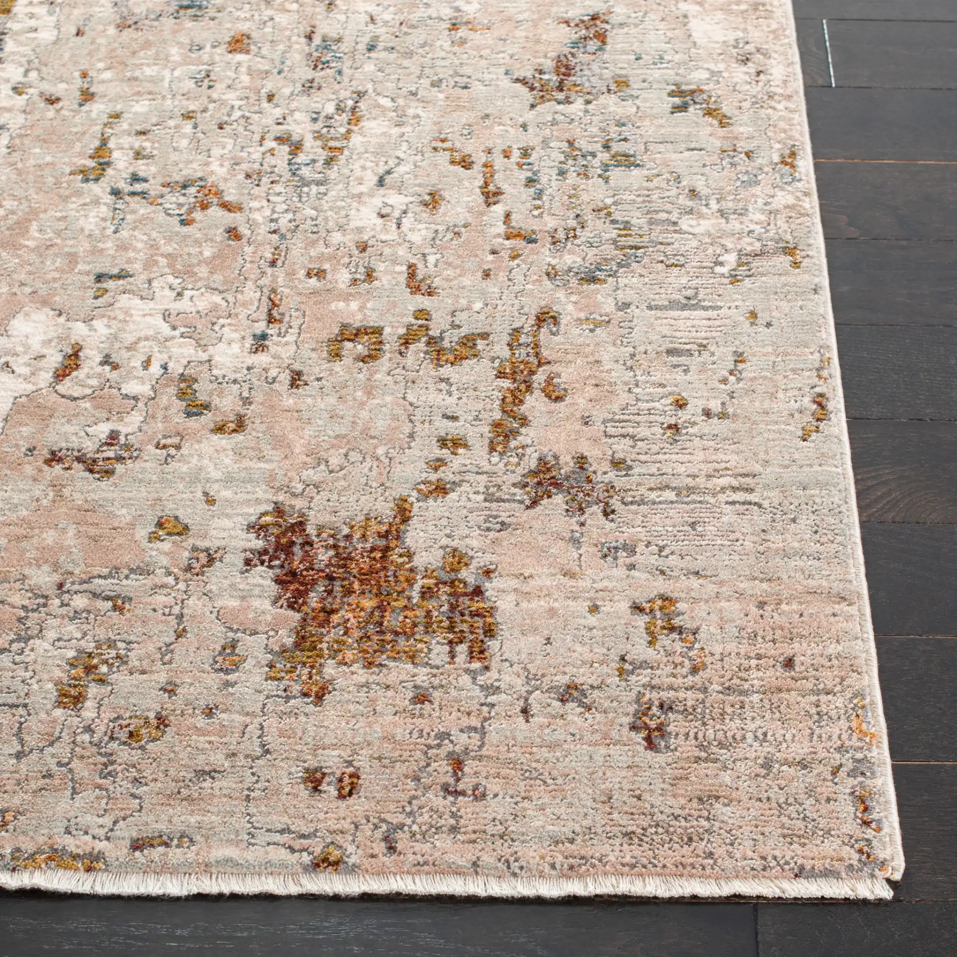 Limitee Mottled Abstract Rug in Beige in a styled room
