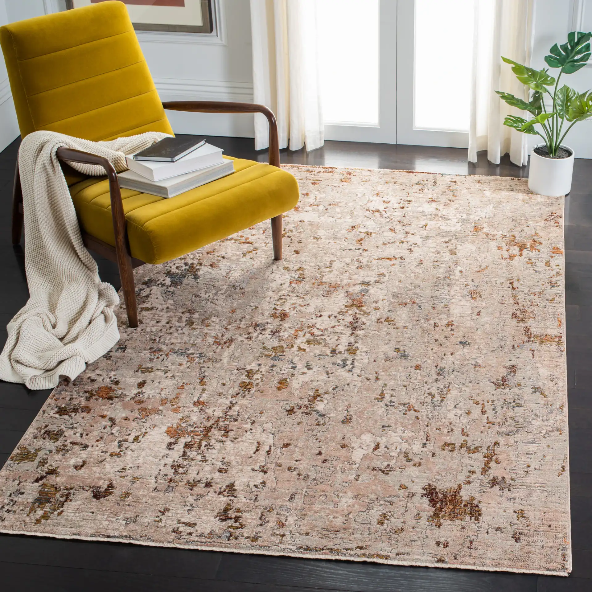 Limitee Mottled Abstract Rug in Beige in a styled room
