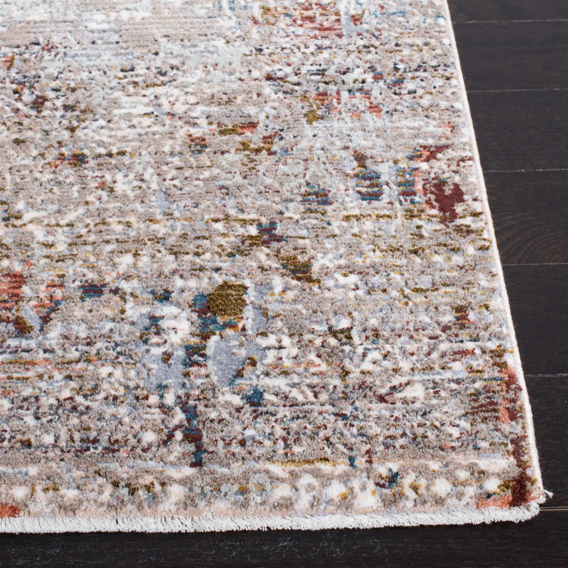 Limitee Distressed Bordered Rug in Beige in a styled room