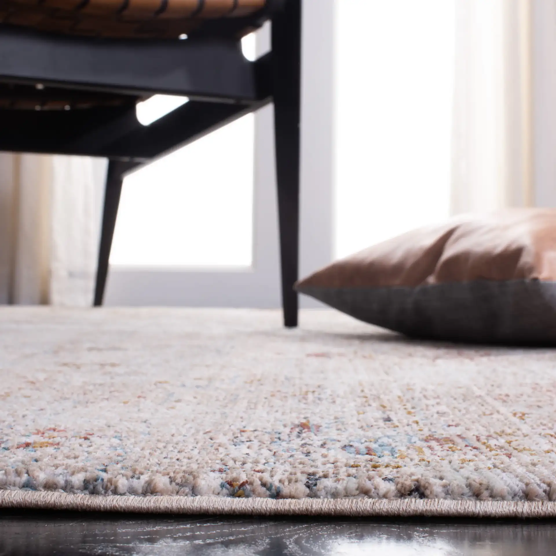 Limitee Distressed Bordered Rug in Beige in a styled room