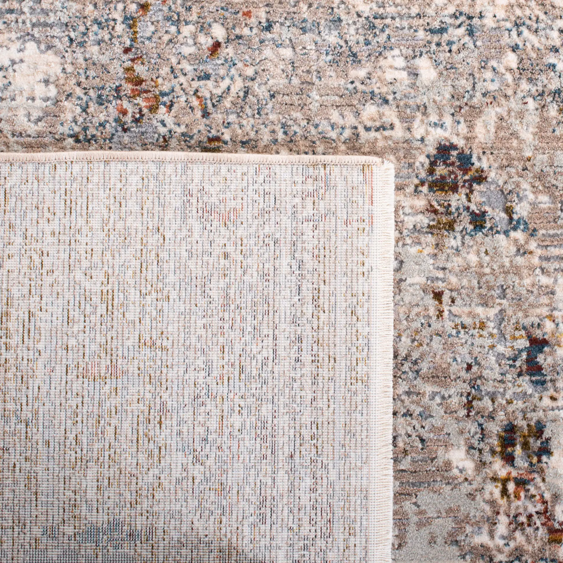Limitee Distressed Bordered Rug in Beige in a styled room