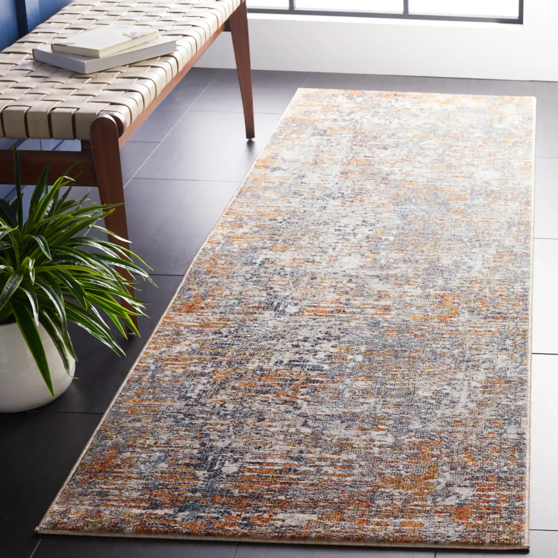 Limitee Striated Abstract Rug in Beige in a styled room