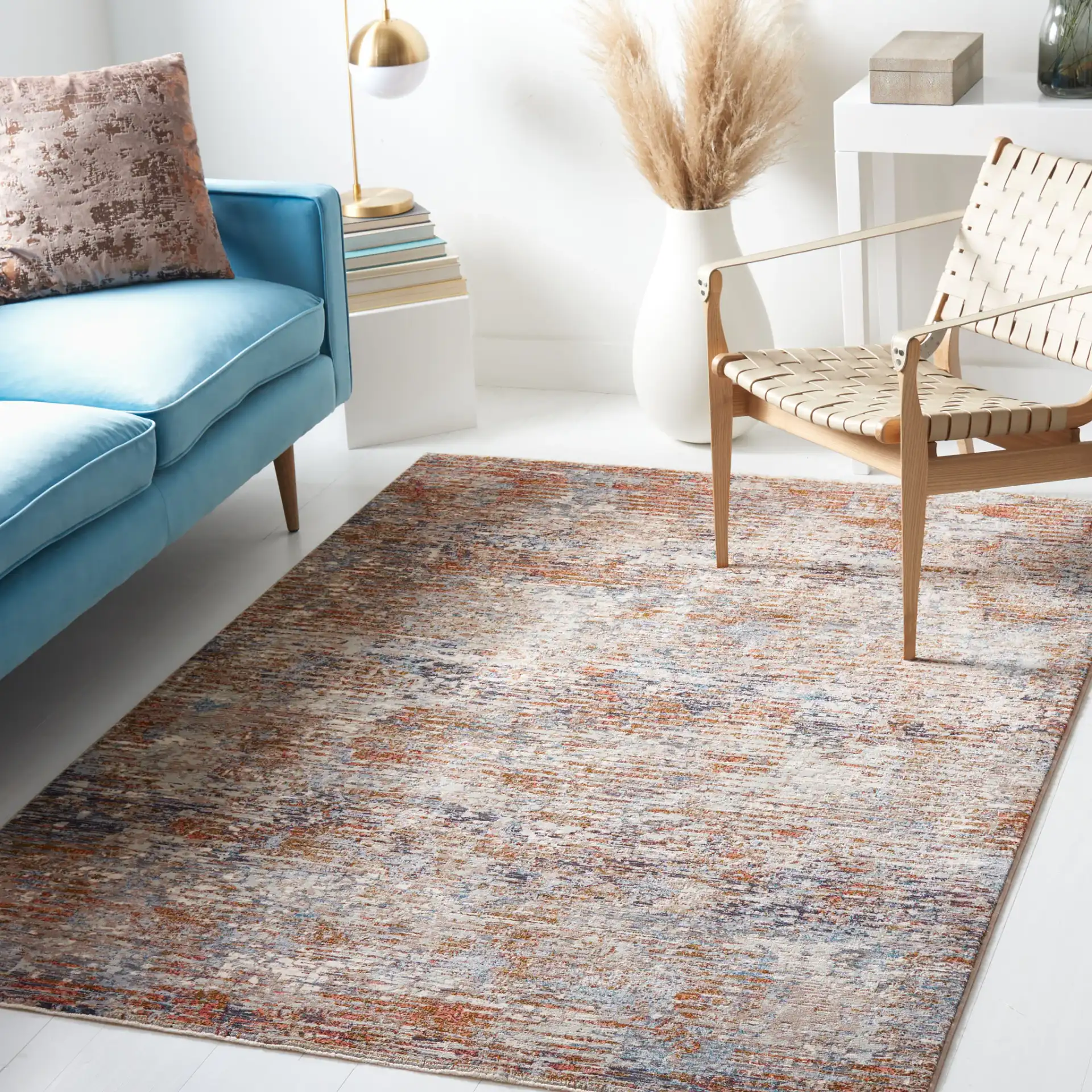 Limitee Striated Abstract Rug in Beige in a styled room