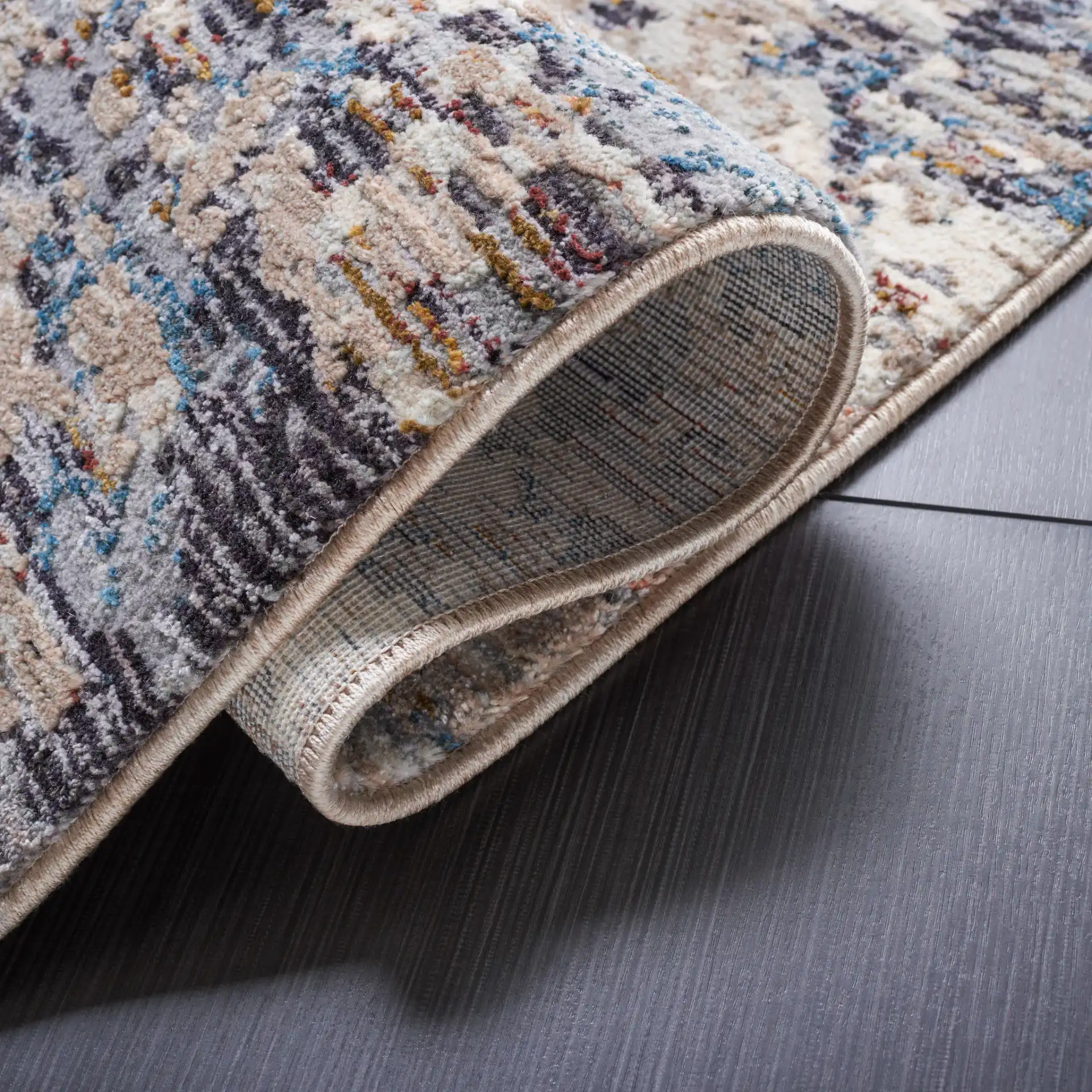 Limitee Abstract Striation Rug in Beige in a styled room