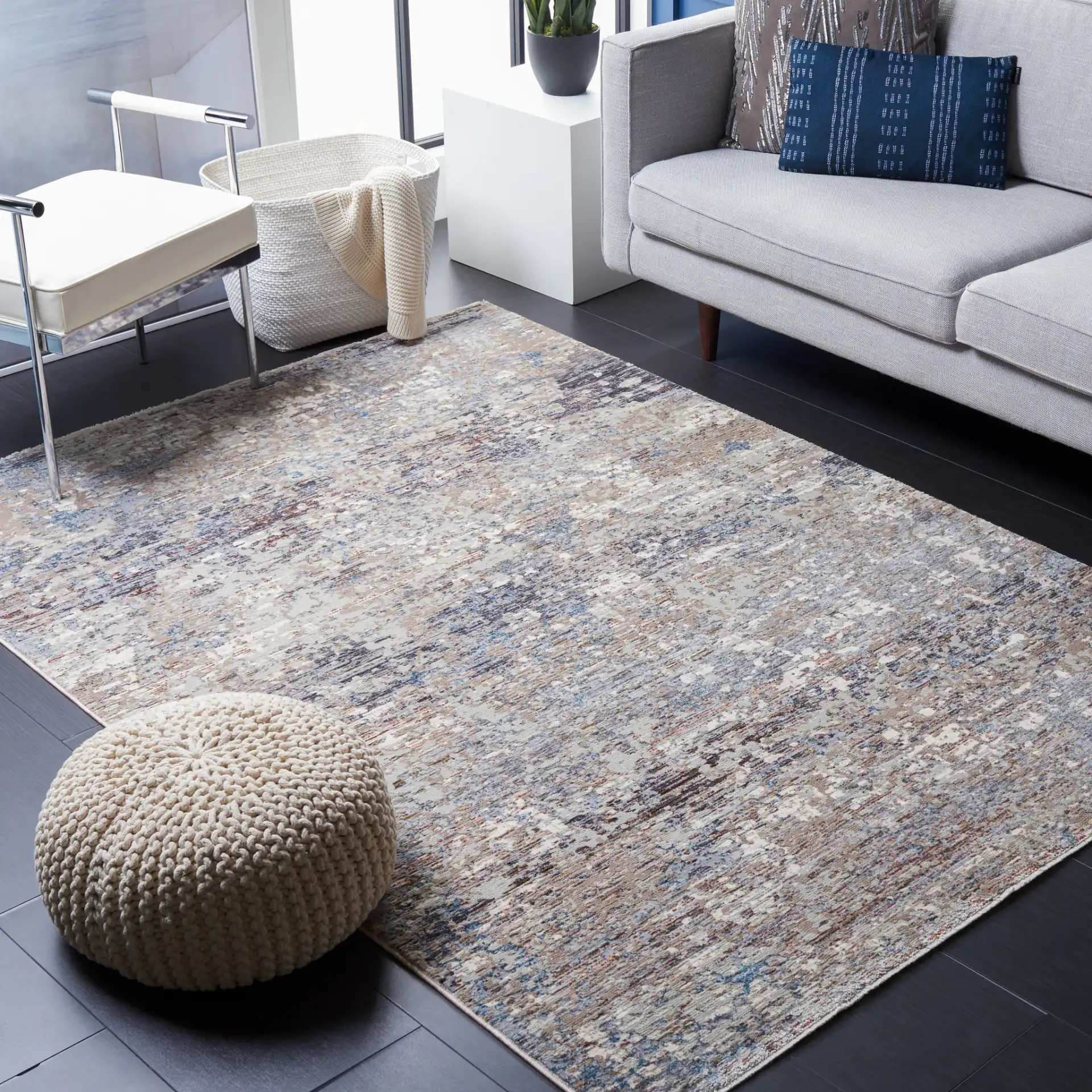 Limitee Abstract Striation Rug in Beige in a styled room