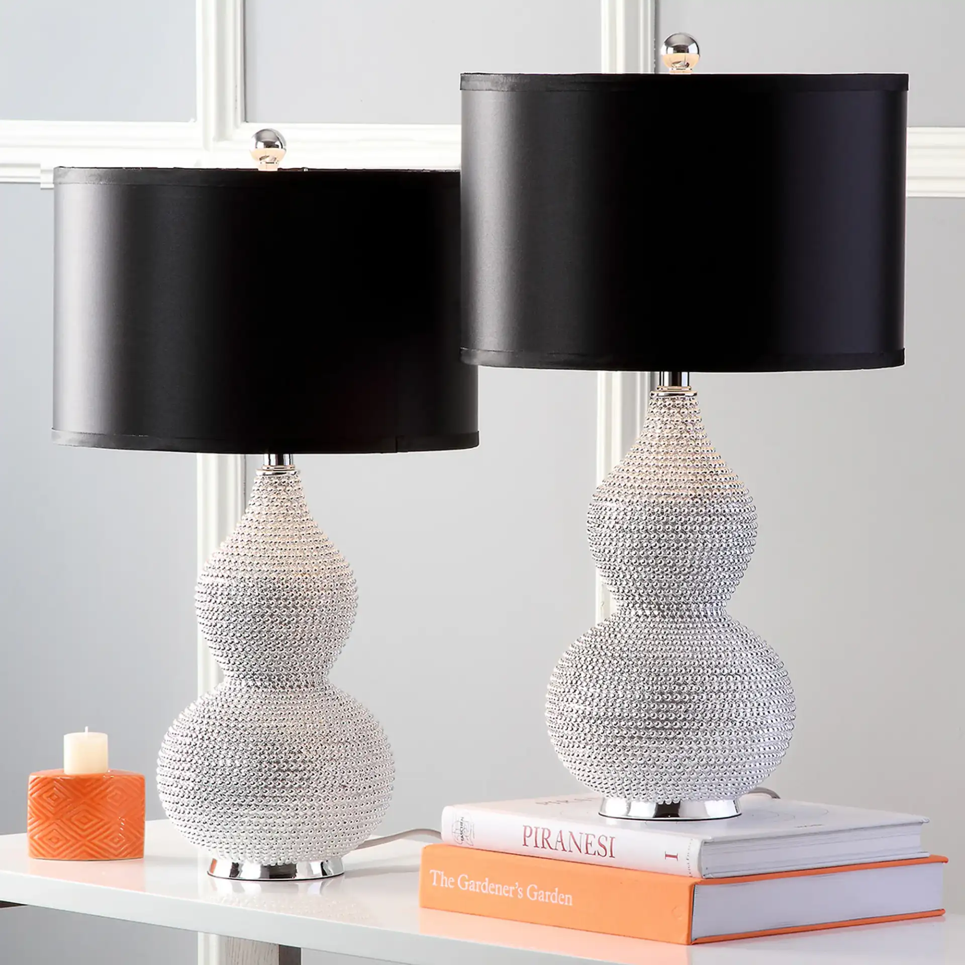 Nicole Beaded Table Lamp (Set of 2) in Silver / Black in a styled room
