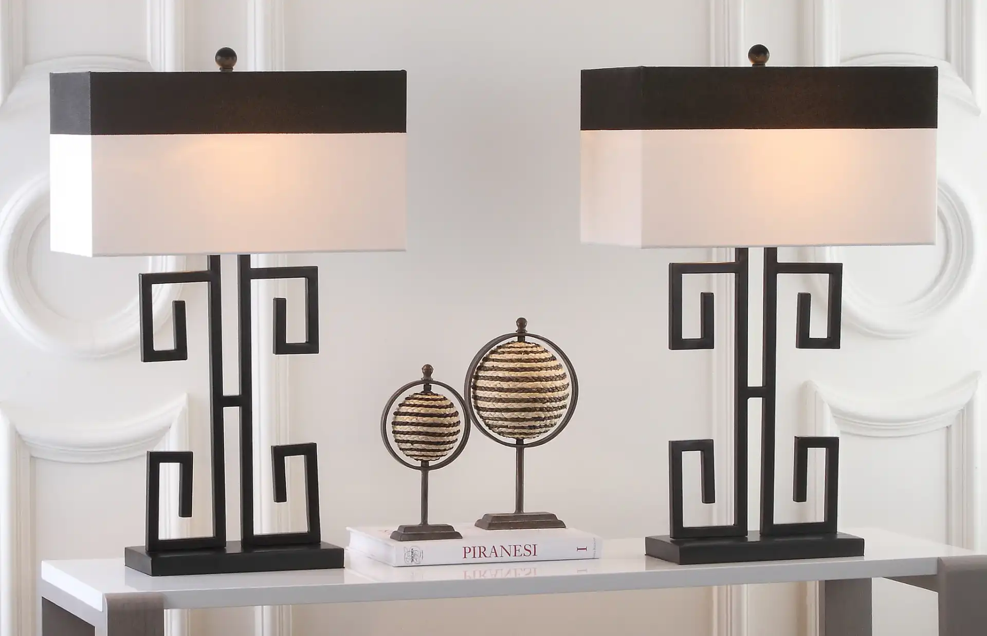 Greek Key Table Lamp (Set of 2) in Black in a styled room