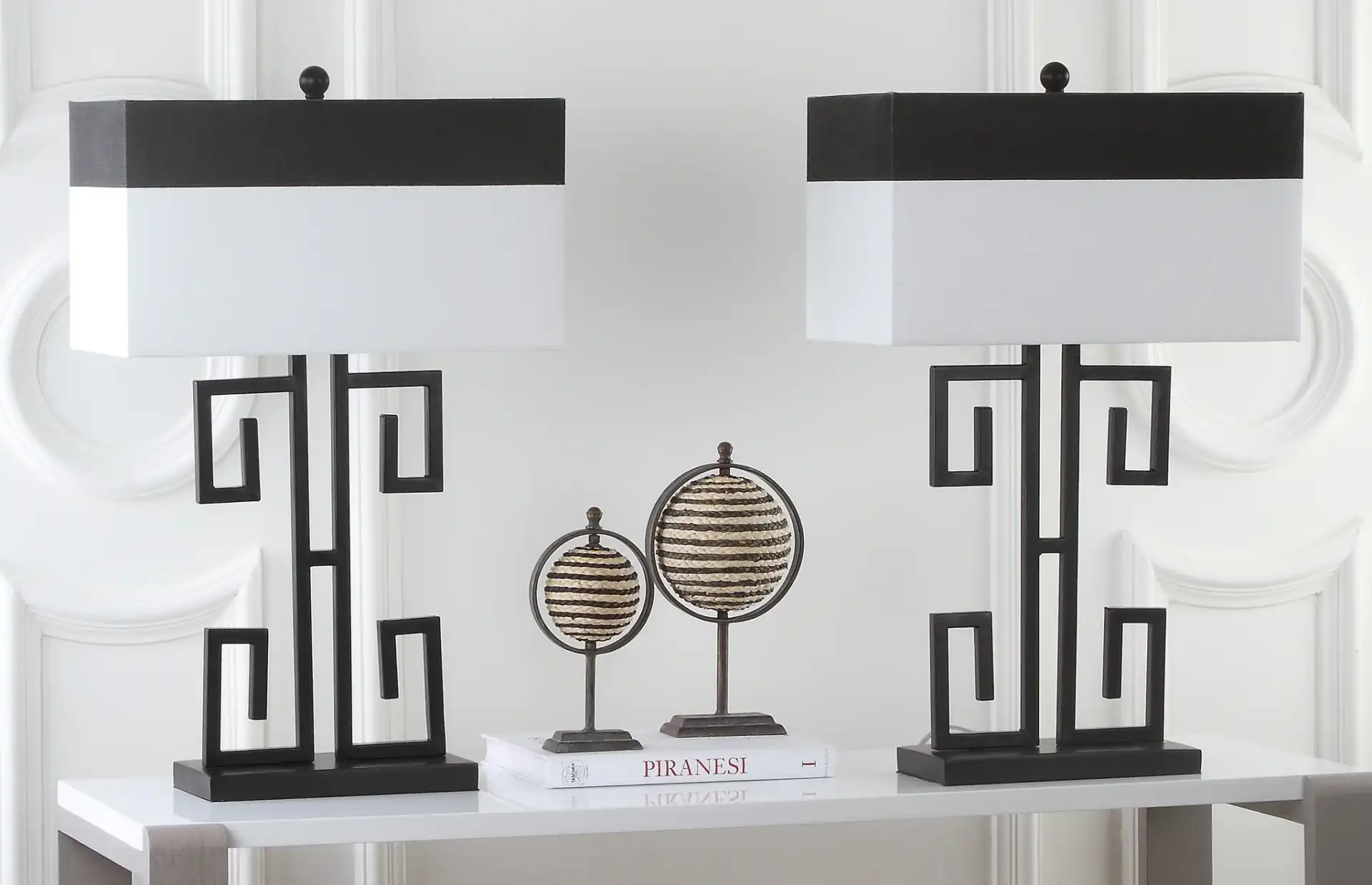 Greek Key Table Lamp (Set of 2) in Black in a styled room