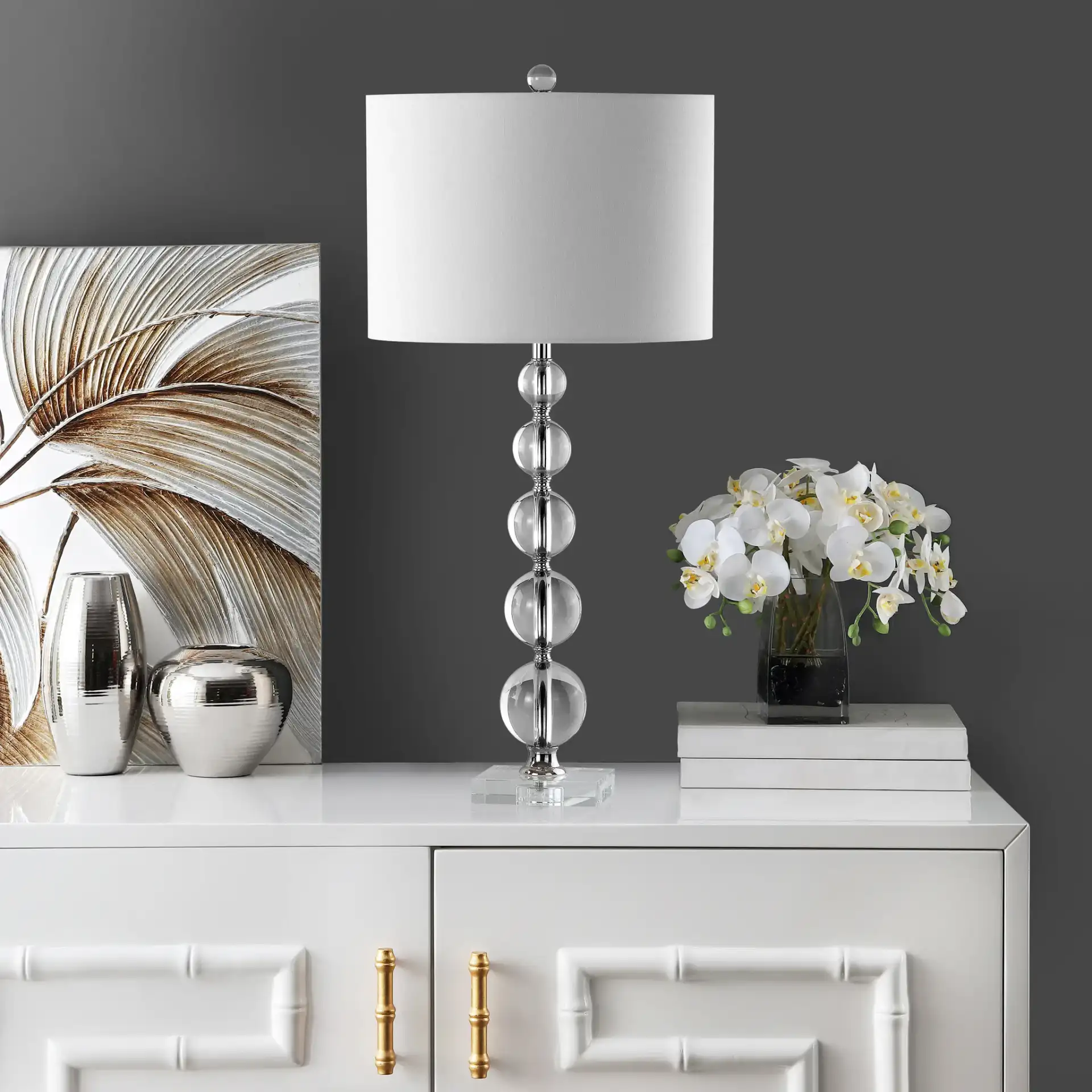 Liam Stacked Crystal Ball Lamp (Set Of 2) in Clear in a styled room