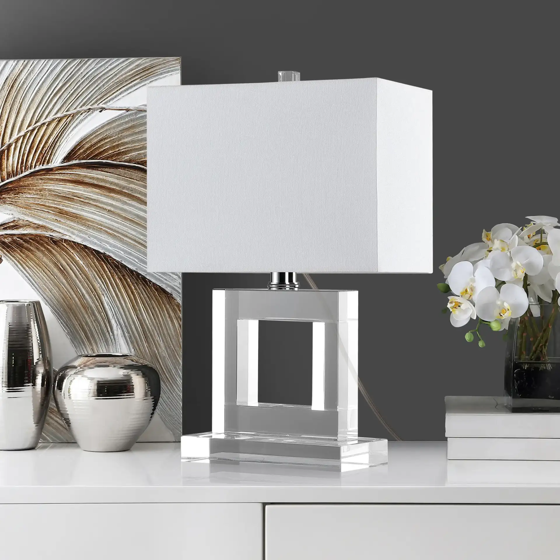 Town Square Crystal Lamp in Clear / White in a styled room