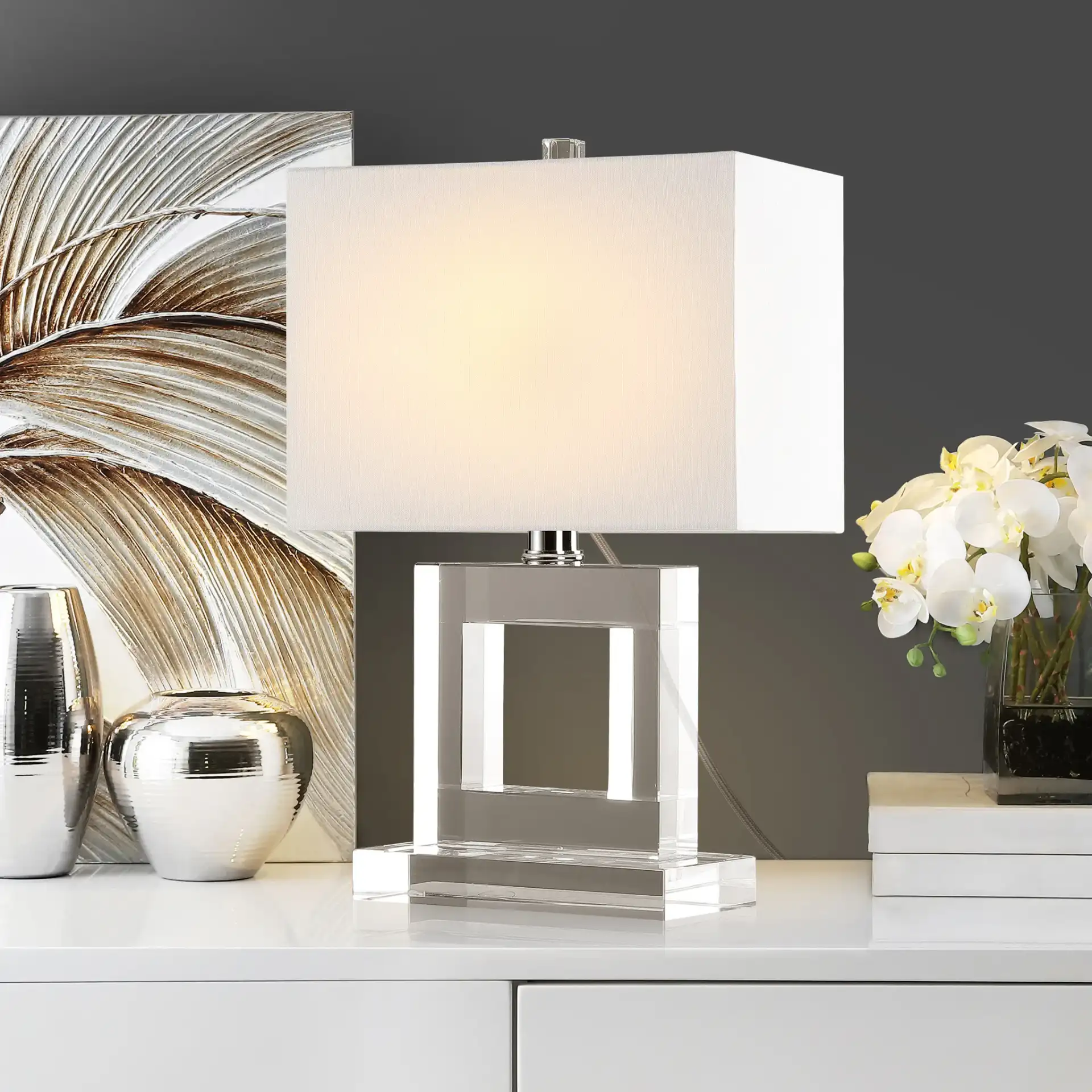 Town Square Crystal Lamp in Clear / White in a styled room