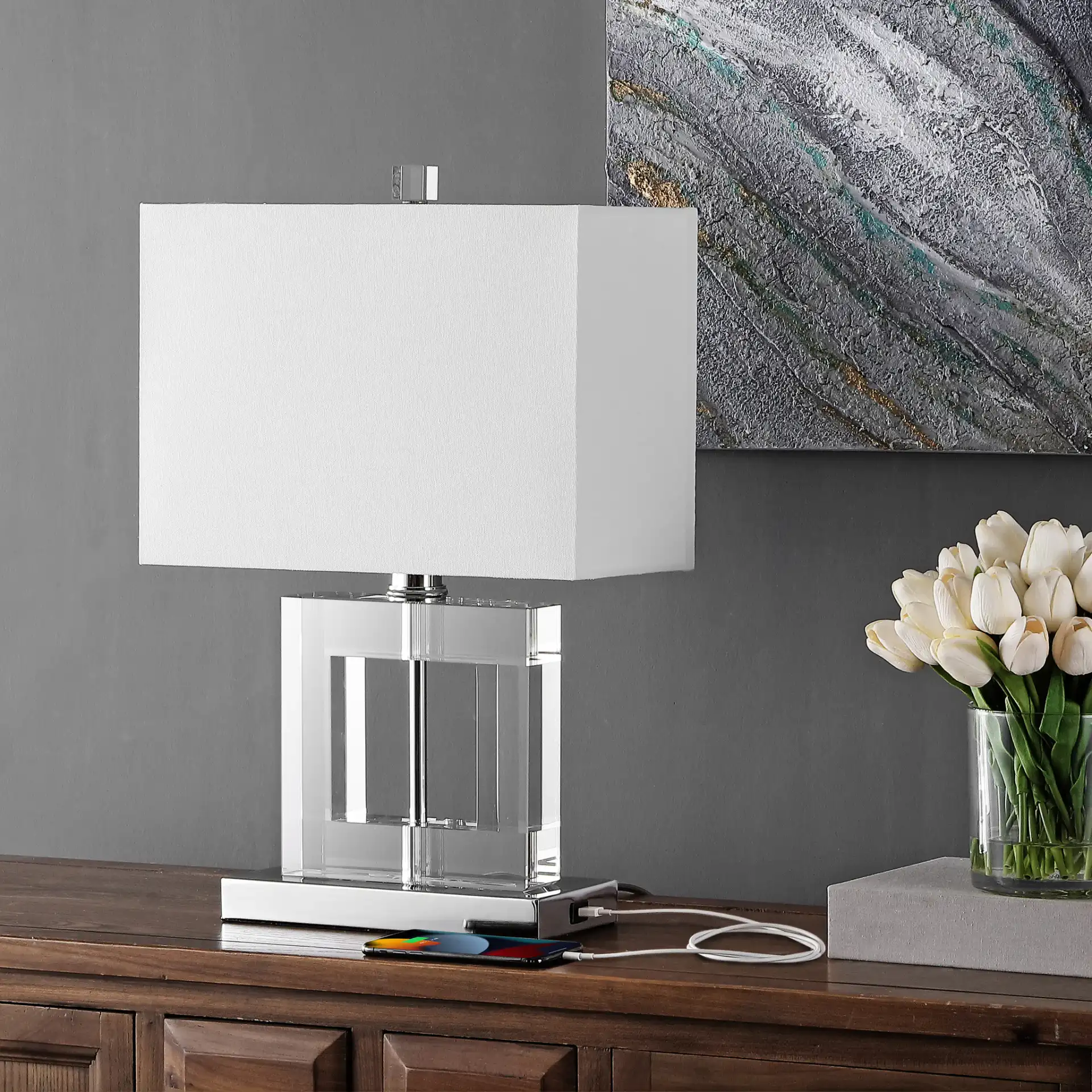 Town Square Crystal Lamp in Clear / White in a styled room
