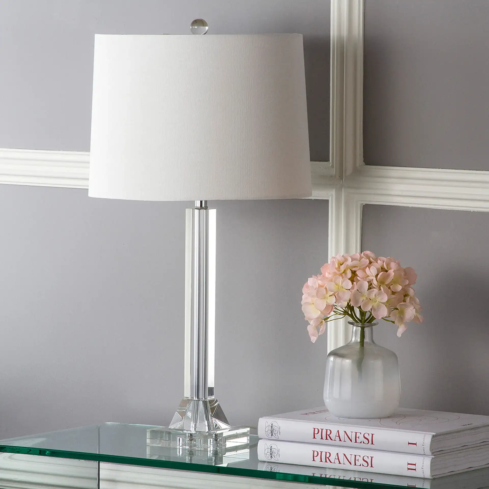 Tyrone Crystal Column Lamp (Set Of 2) in Clear / Cream in a styled room