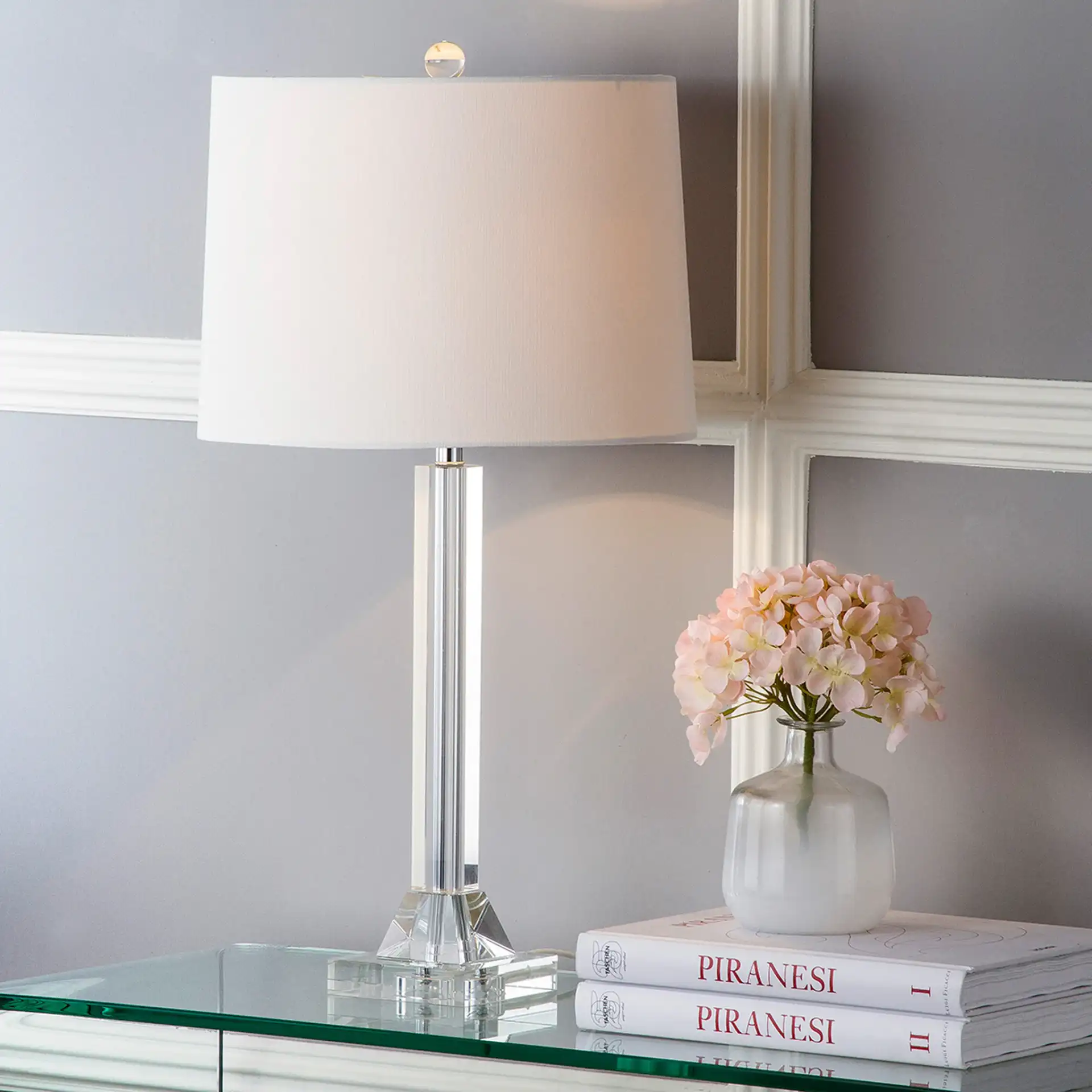 Tyrone Crystal Column Lamp (Set Of 2) in Clear / Cream in a styled room
