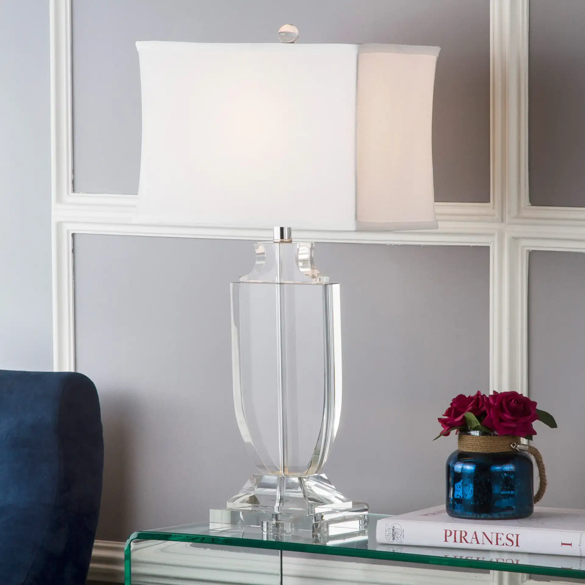 Deirdre Crystal Urn Lamp in Clear in a styled room