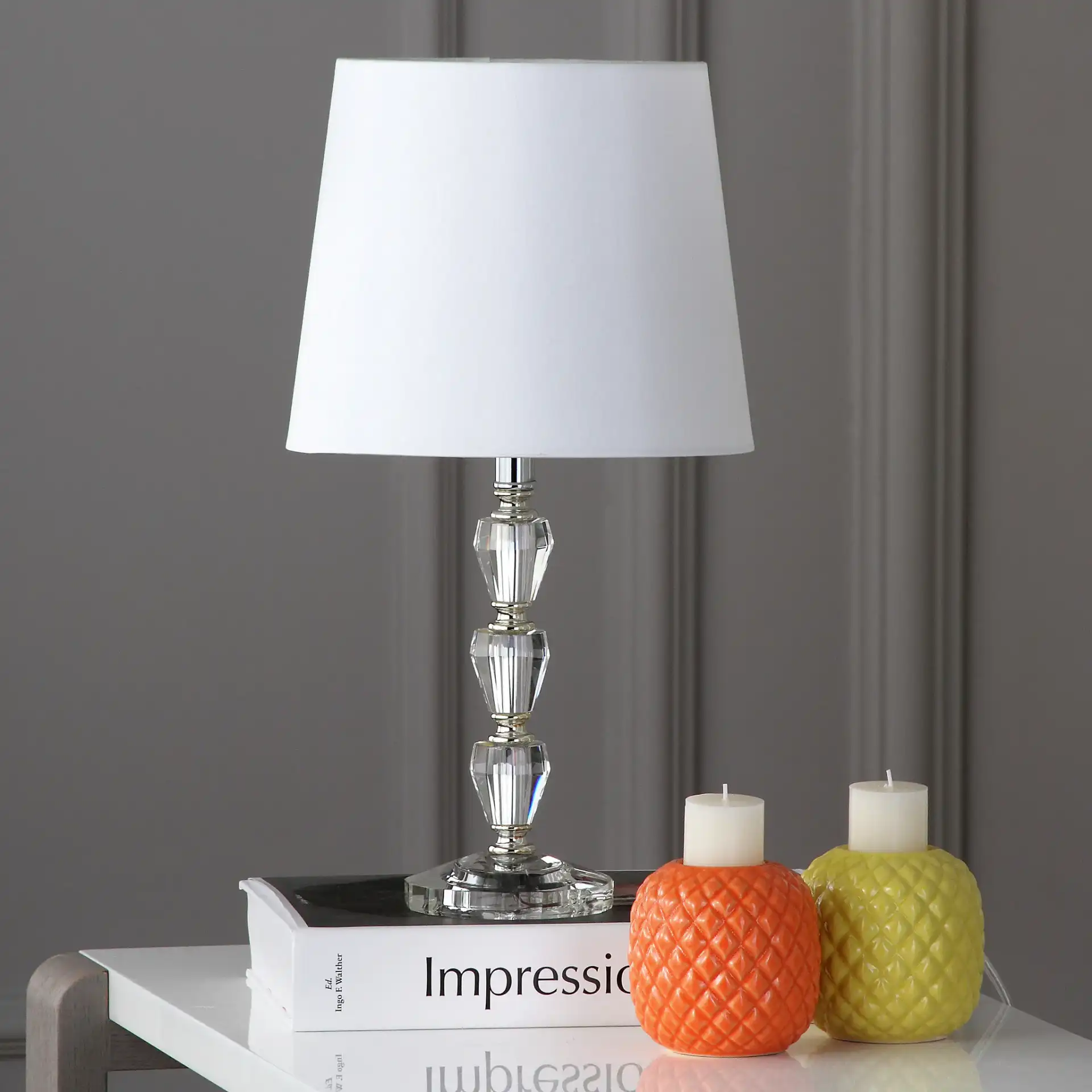 Dylan Tiered Crystal Orb Lamp (Set Of 2) in Clear in a styled room
