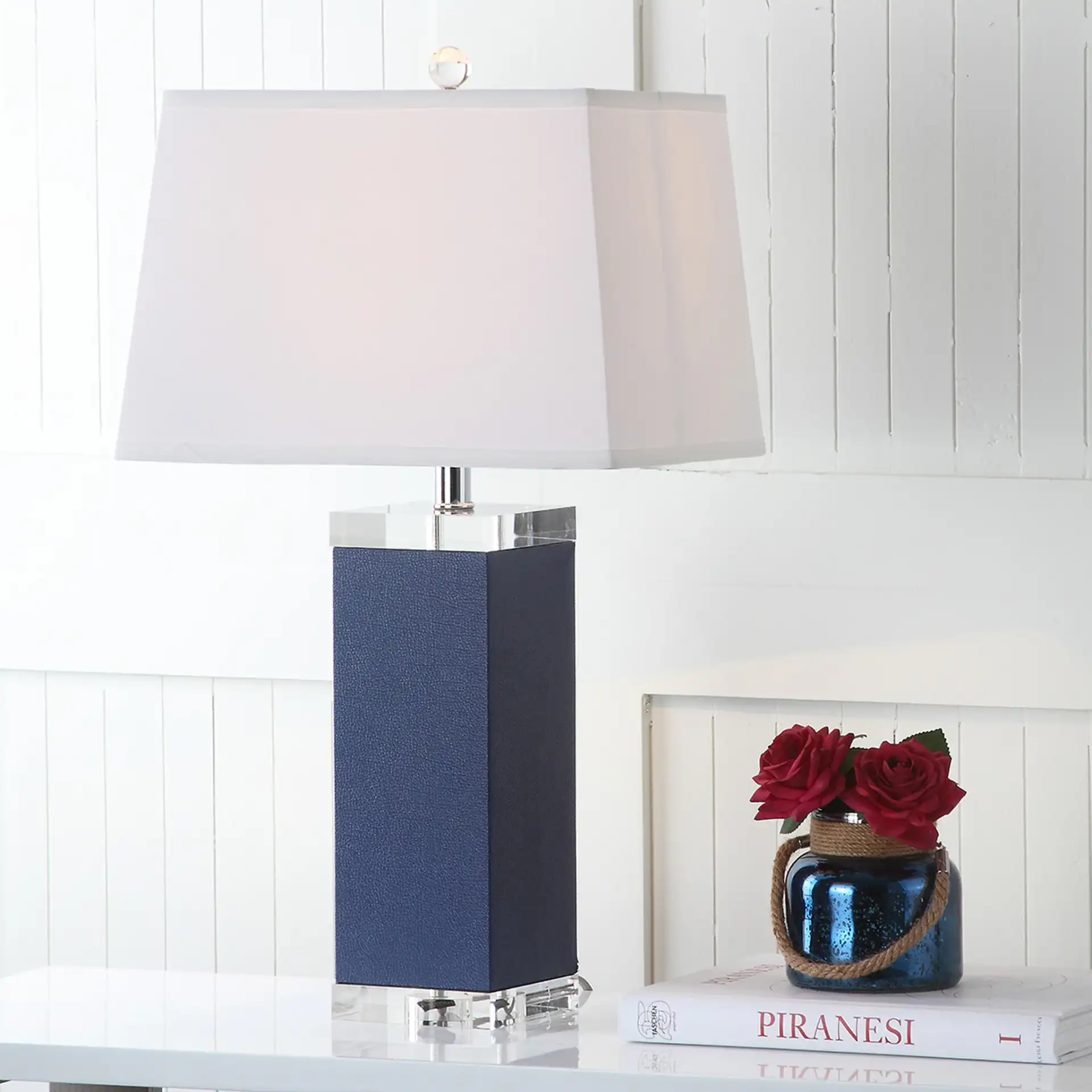 Deco Leather Table Lamp (Set Of 2) in Brown in a styled room