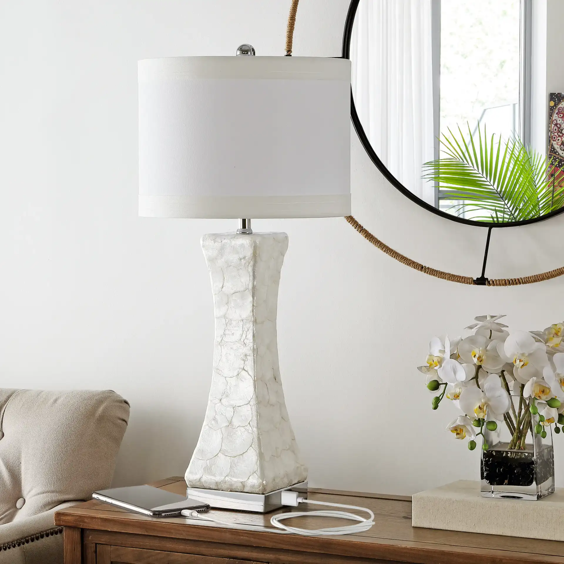 Shelley Concave Table Lamp in White in a styled room