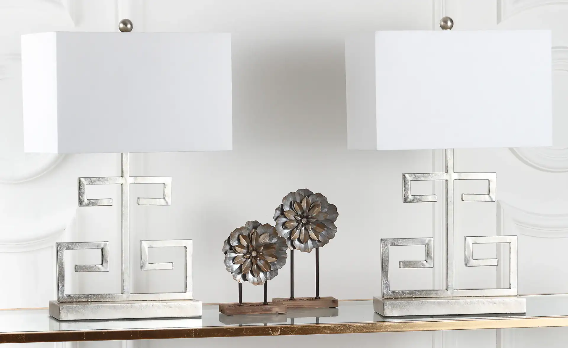 Greek Key Table Lamp (Set of 2) in Chrome, detail view
