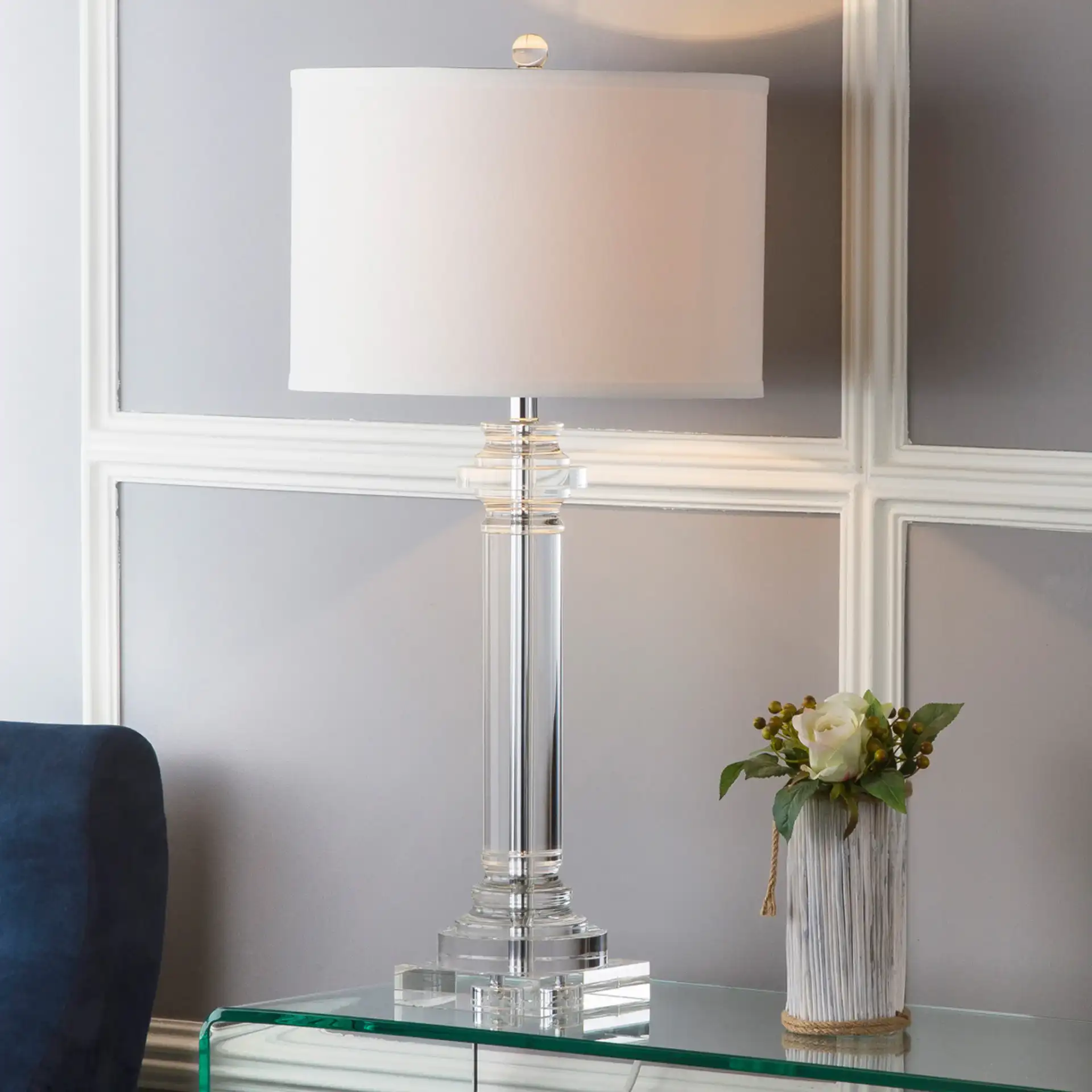 Nina Crystal Column Table Lamp in Clear in a styled room