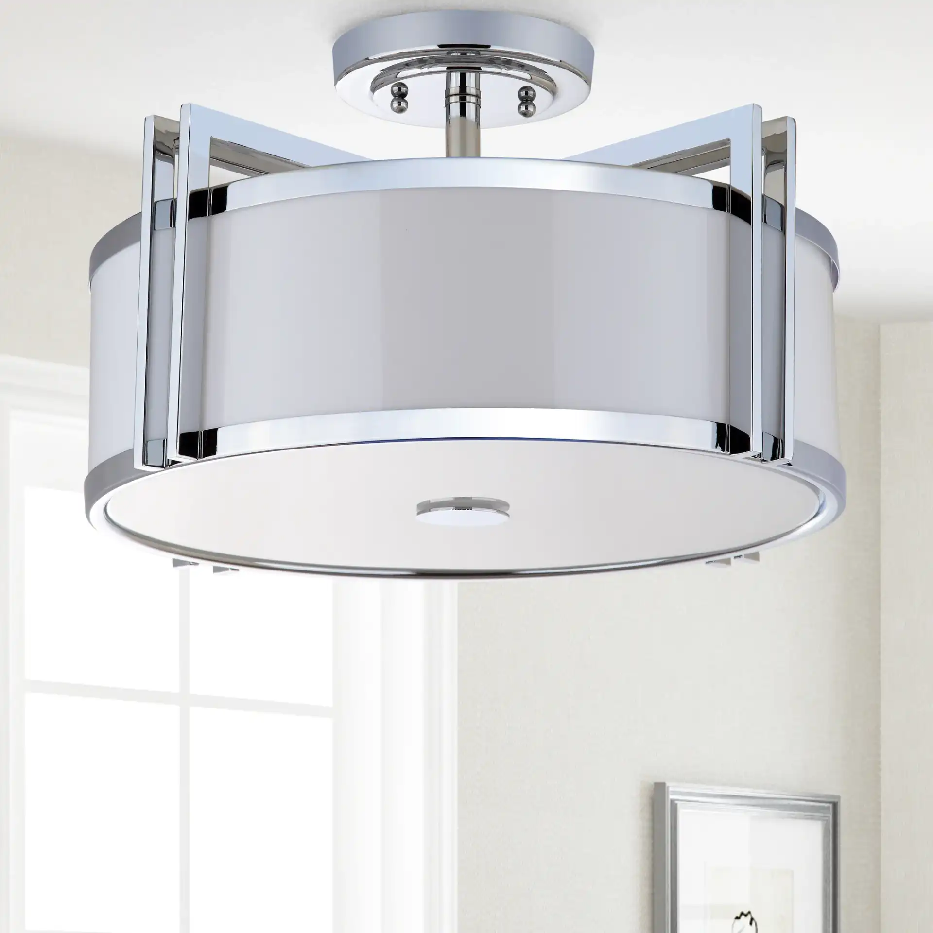 Orb Drum Ceiling Light in Chrome in a styled room