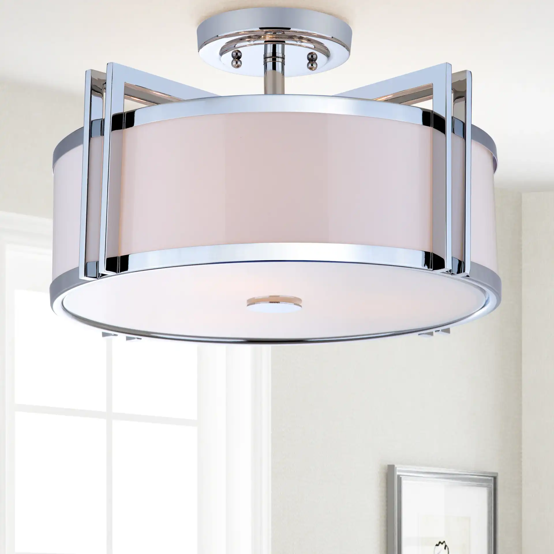 Orb Drum Ceiling Light in Chrome in a styled room