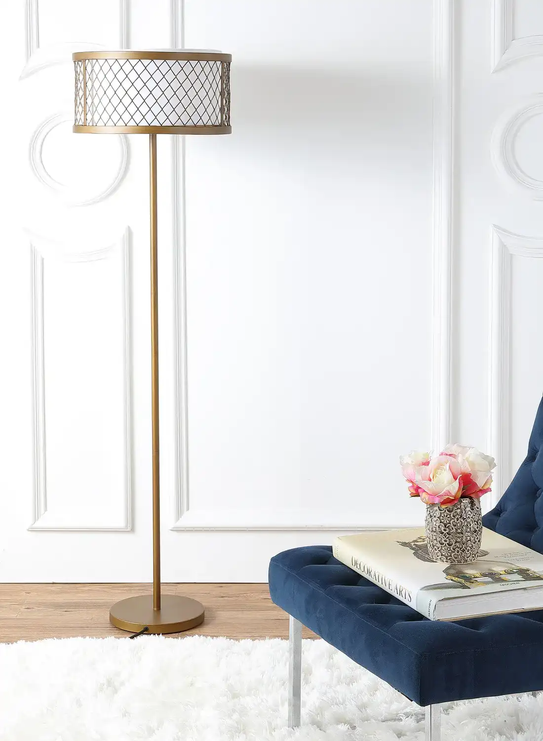Evie Mesh Floor Lamp in Gold in a styled room