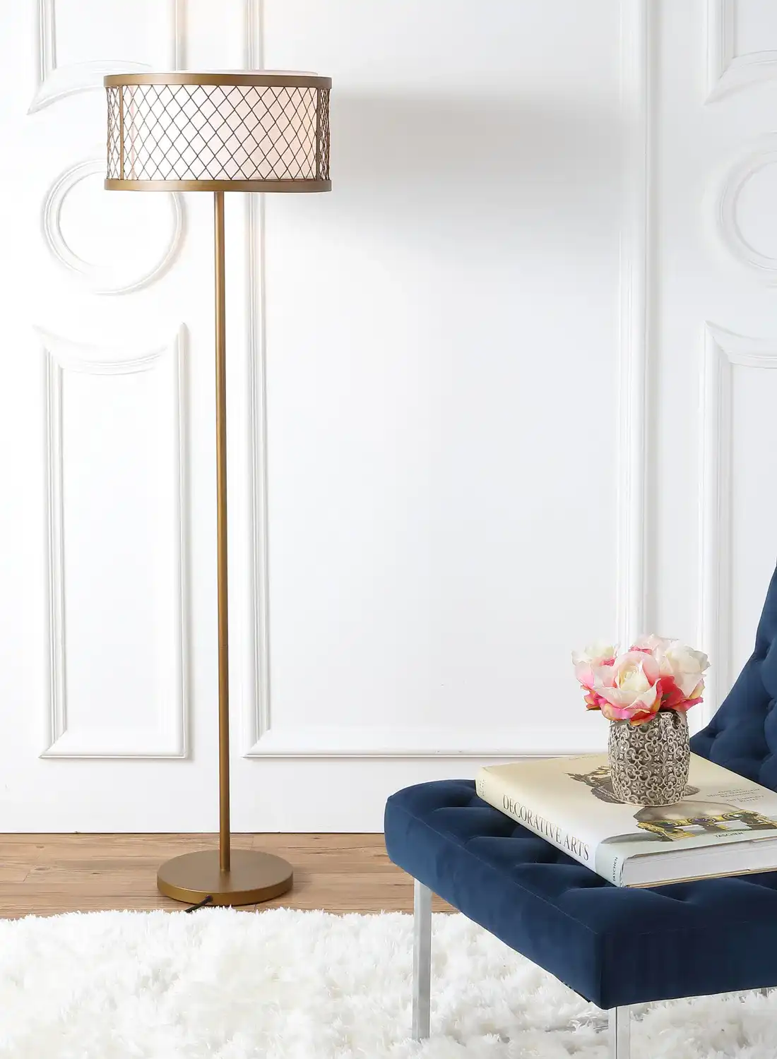 Evie Mesh Floor Lamp in Gold in a styled room