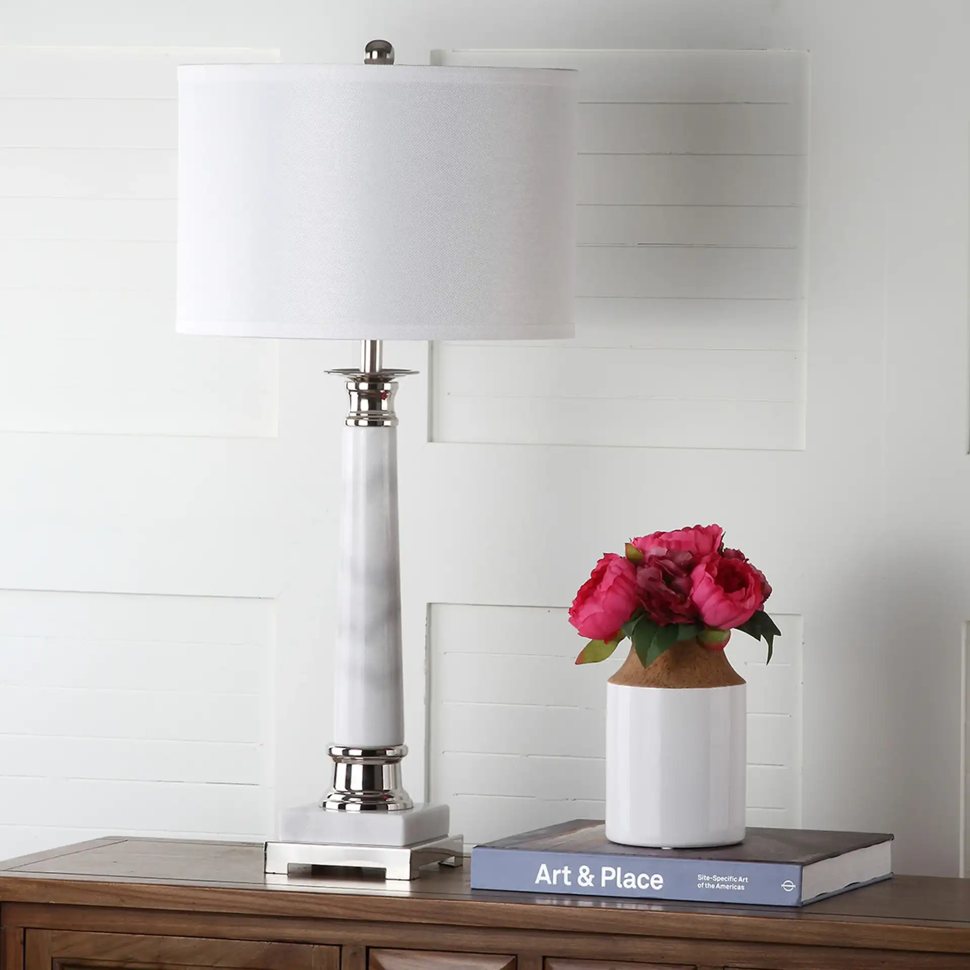 Colleen Table Lamp (Set of 2) in White in a styled room