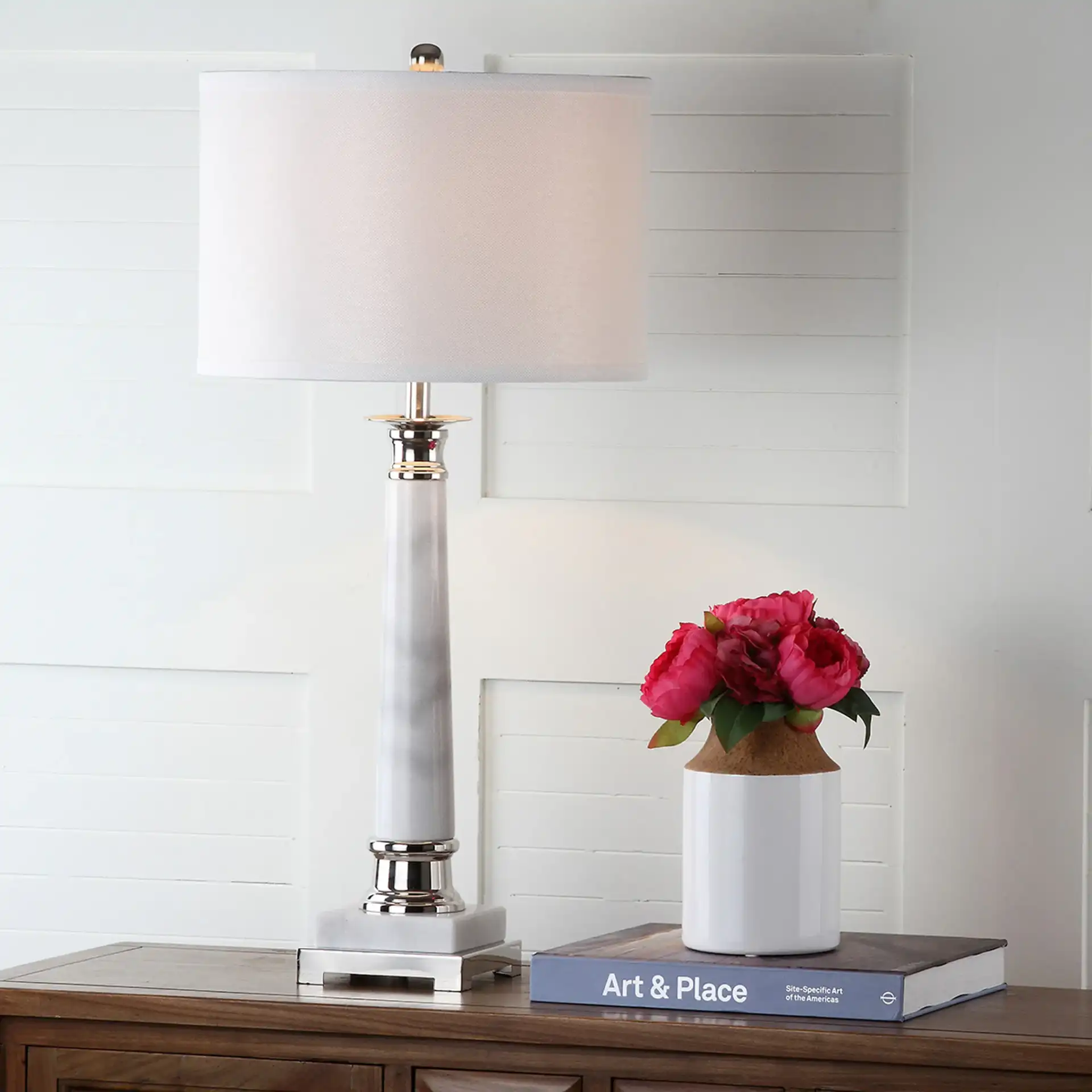 Colleen Table Lamp (Set of 2) in White in a styled room