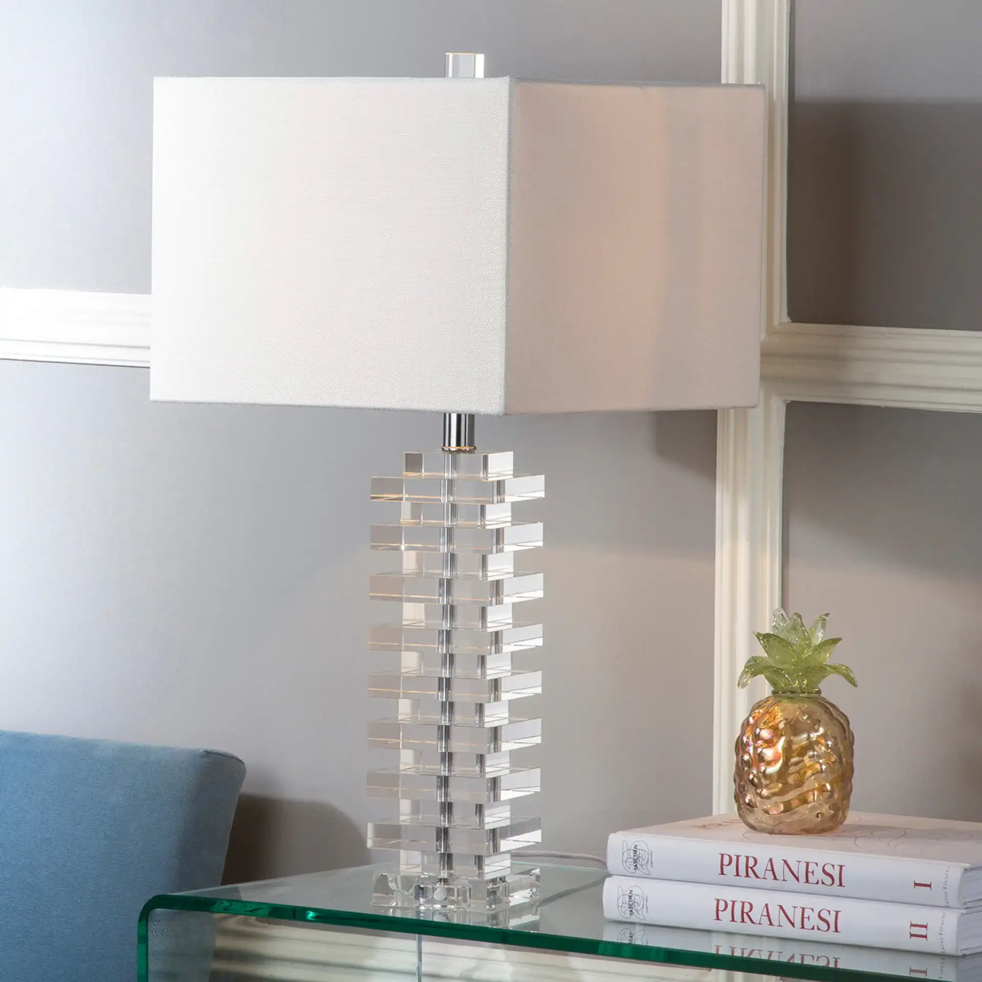 Swift Table Lamp in Clear in a styled room