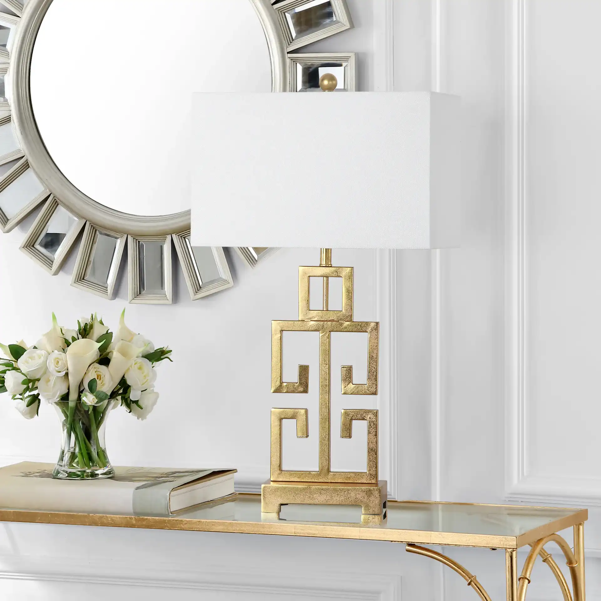 Greek Key Table Lamp (Set Of 2) in Antique Gold in a styled room