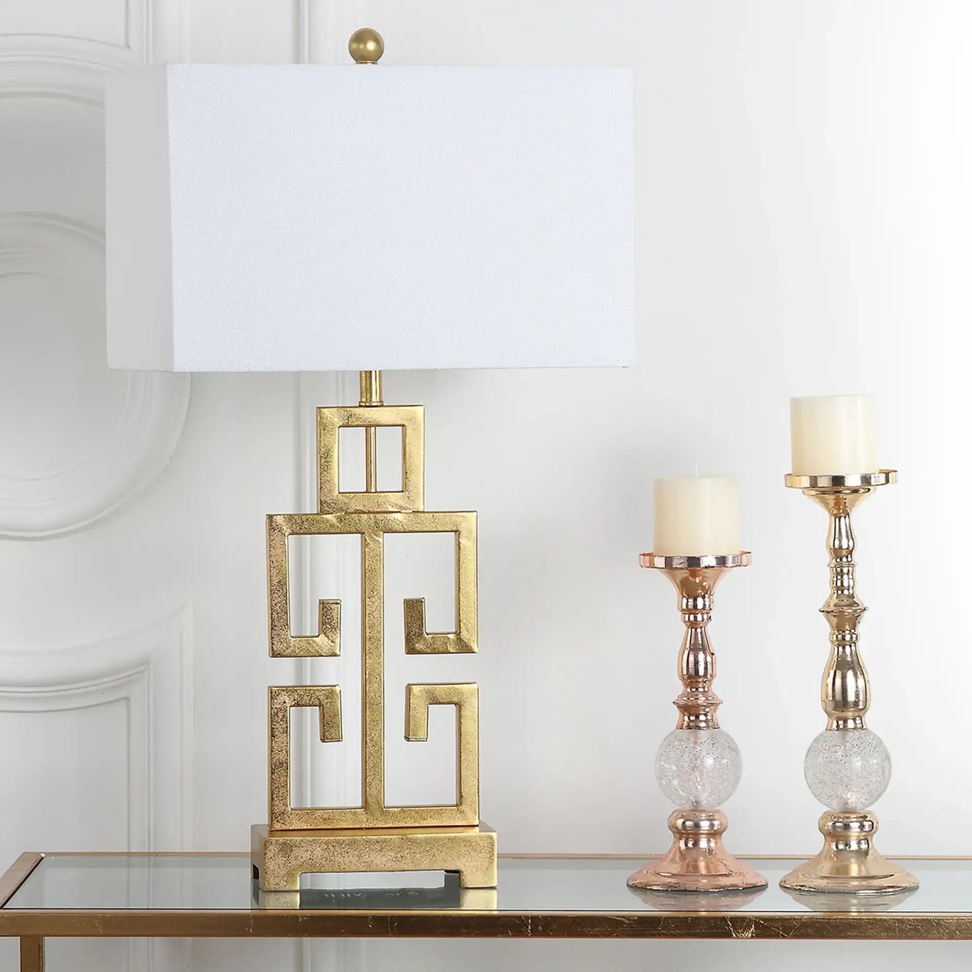 Greek Key Table Lamp (Set Of 2) in Antique Gold, detail view