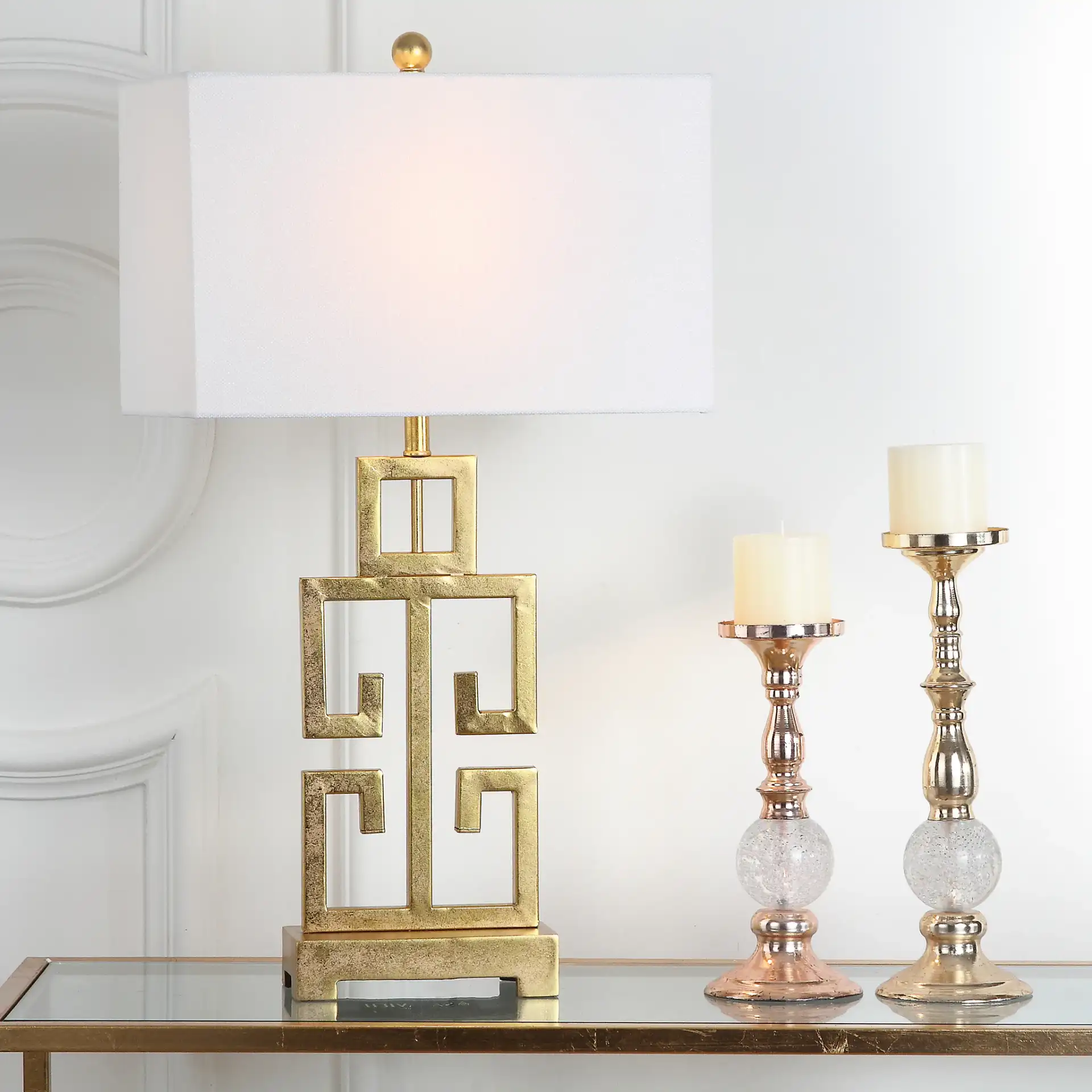 Greek Key Table Lamp (Set Of 2) in Antique Gold in a styled room