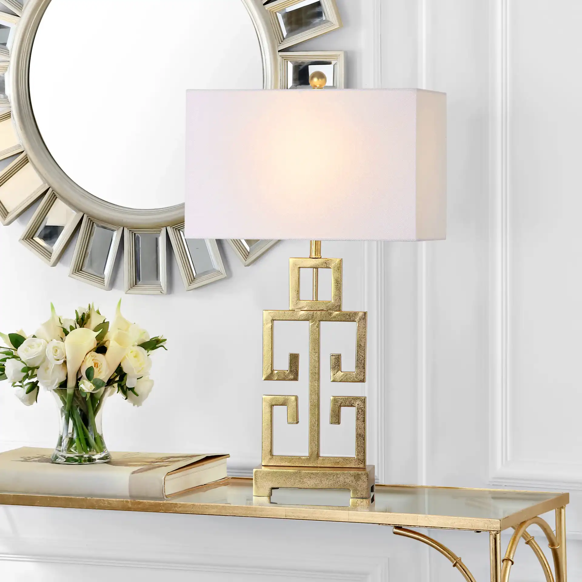 Greek Key Table Lamp (Set Of 2) in Antique Gold in a styled room