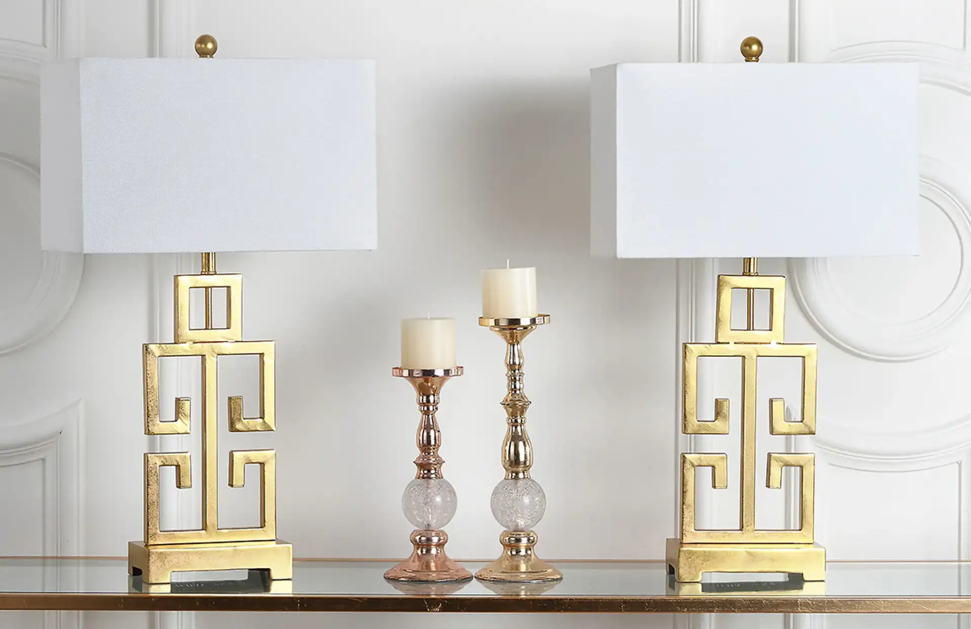 Greek Key Table Lamp (Set Of 2) in Antique Gold, detail view