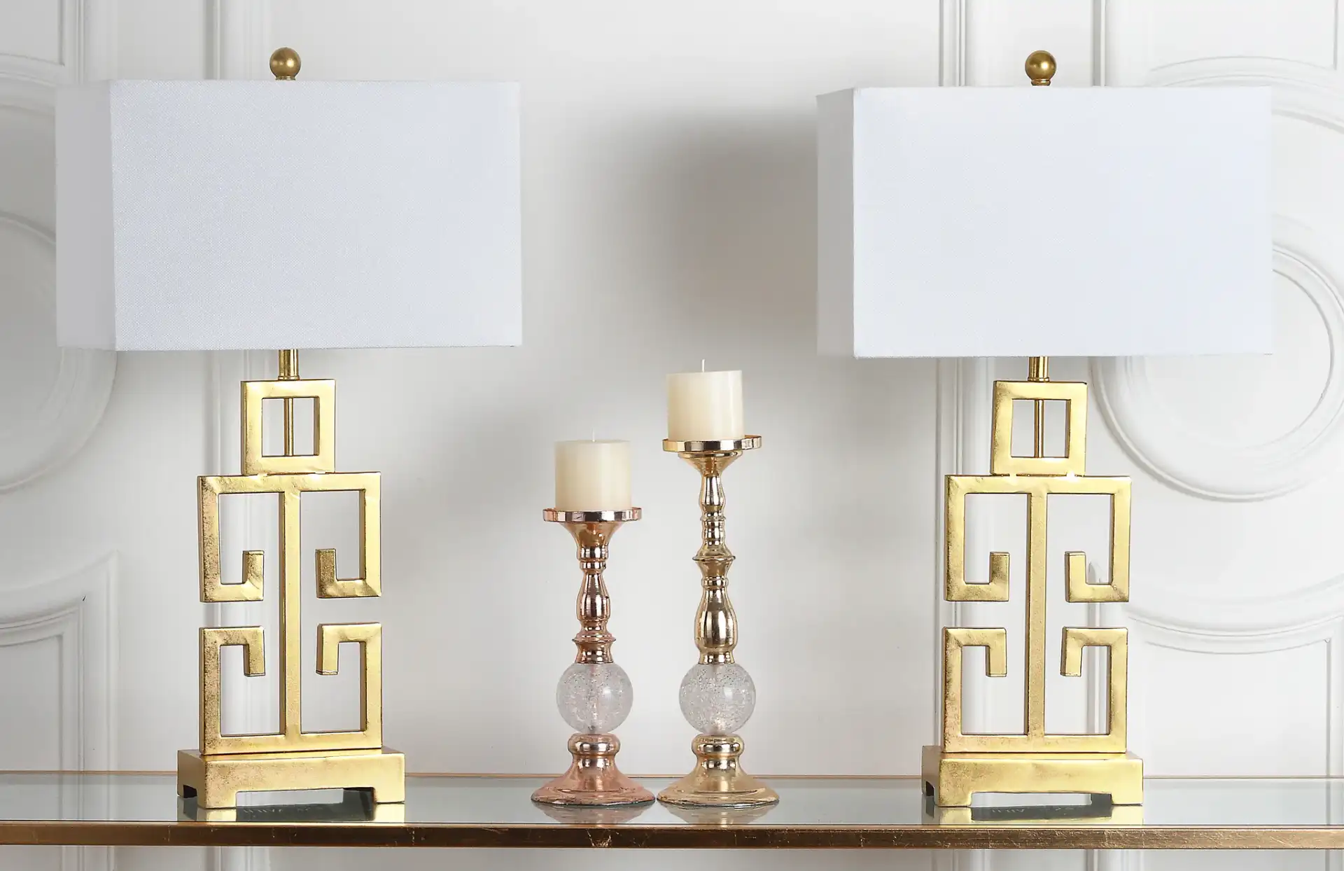 Greek Key Table Lamp (Set Of 2) in Antique Gold, detail view