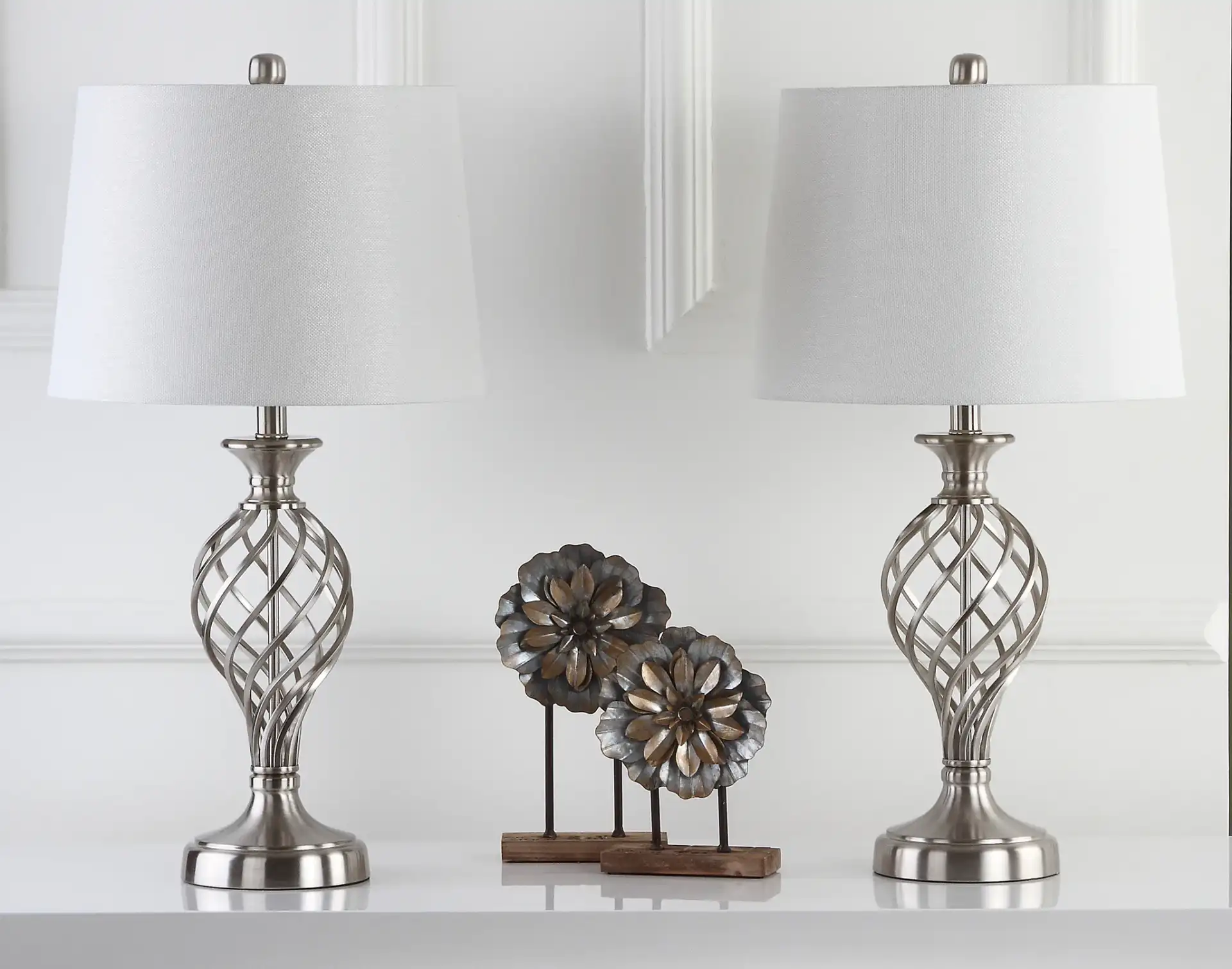 Lattice Urn Table Lamp (Set of 2) in Nickel in a styled room