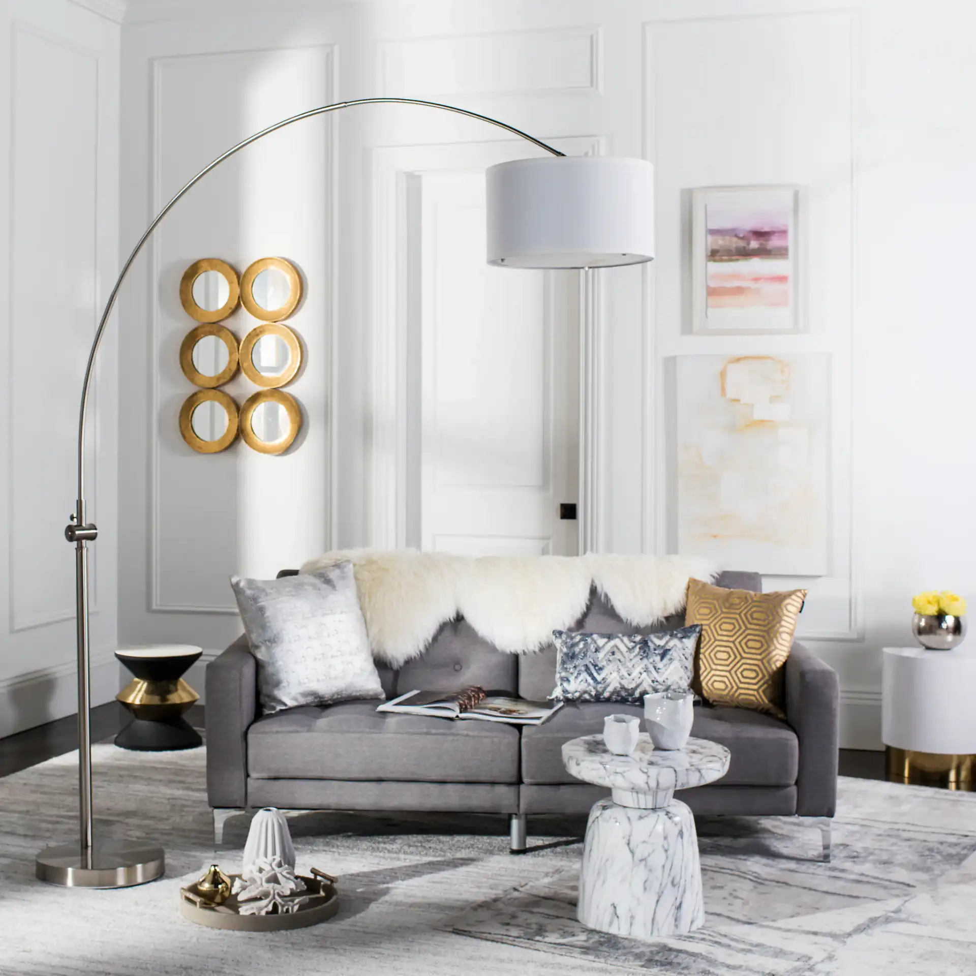 Ascella Arc Floor Lamp in Nickel in a styled room