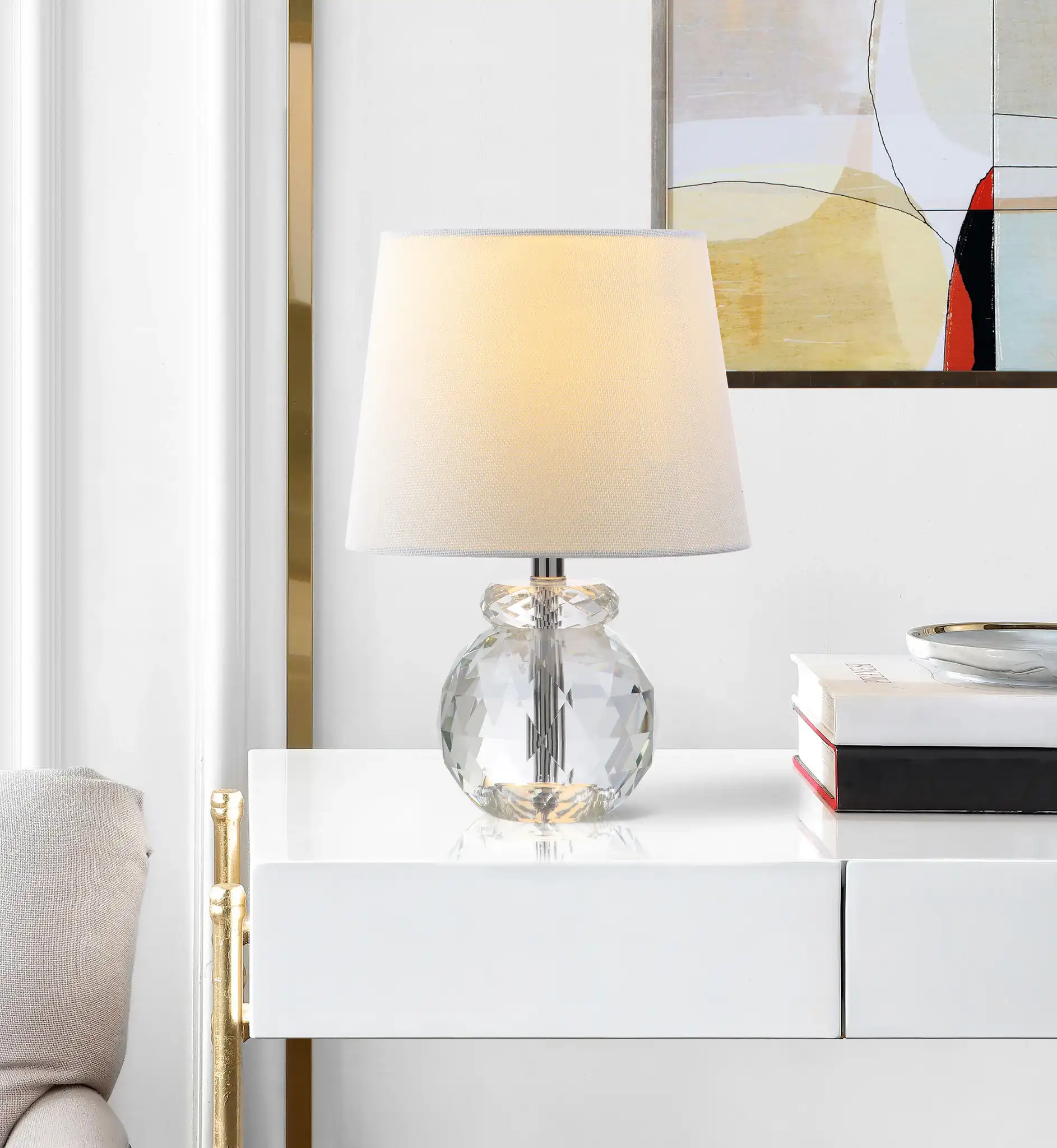 Eunice Table Lamp in Clear / Off-White in a styled room