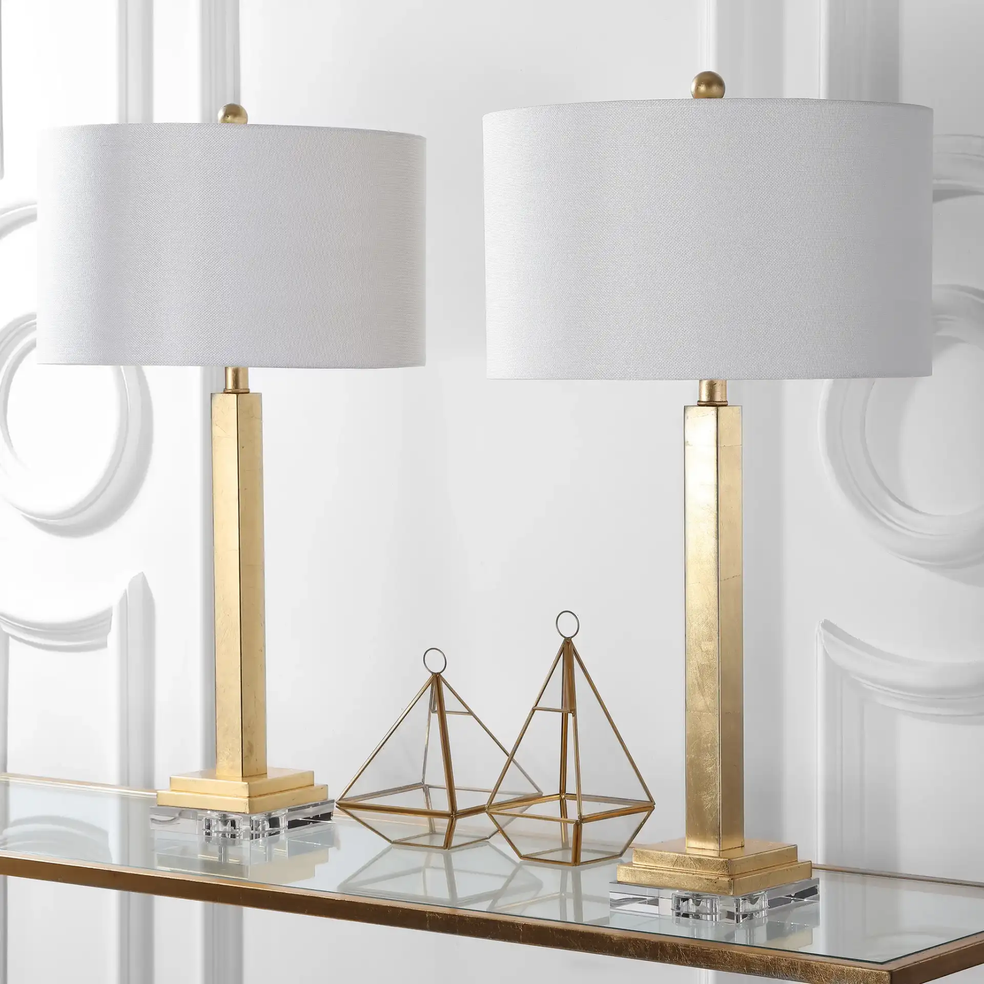 Perri Table Lamp (Set Of 2) in Gold / Off-White in a styled room