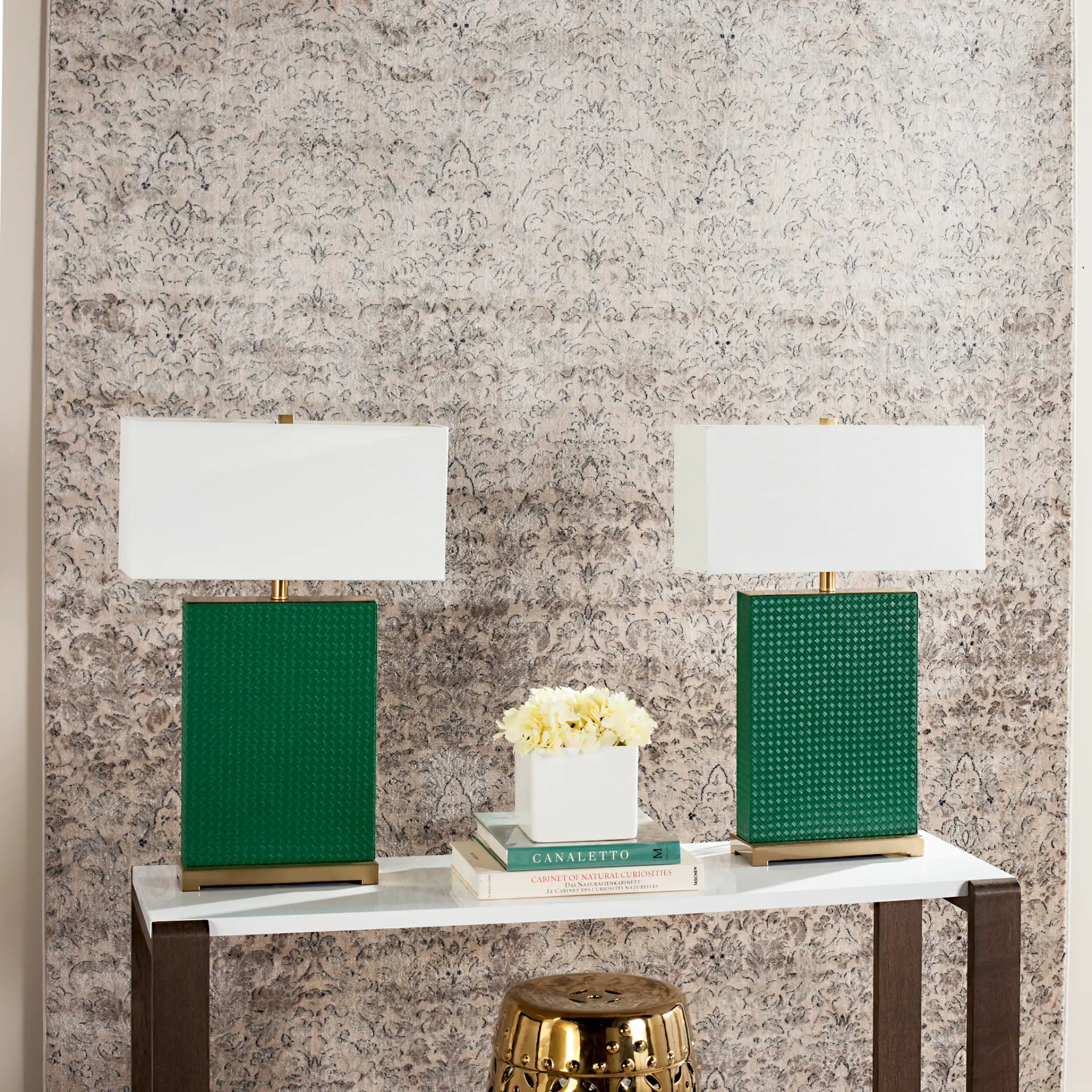 Joyce Table Lamp (Set Of 2) in Cream Faux Snakeskin in a styled room