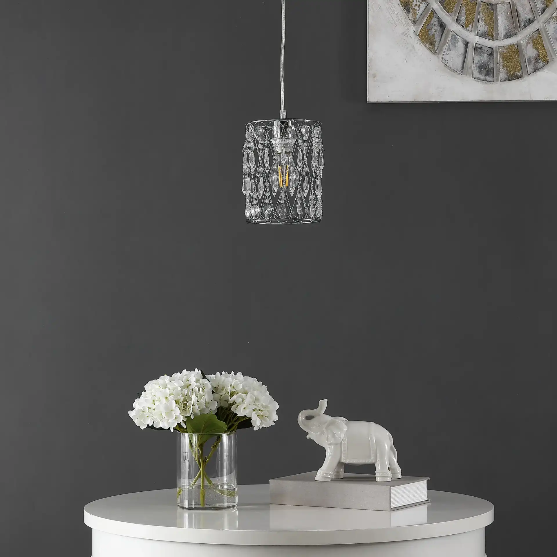 Vega Chandelier in Clear / Chrome in a styled room