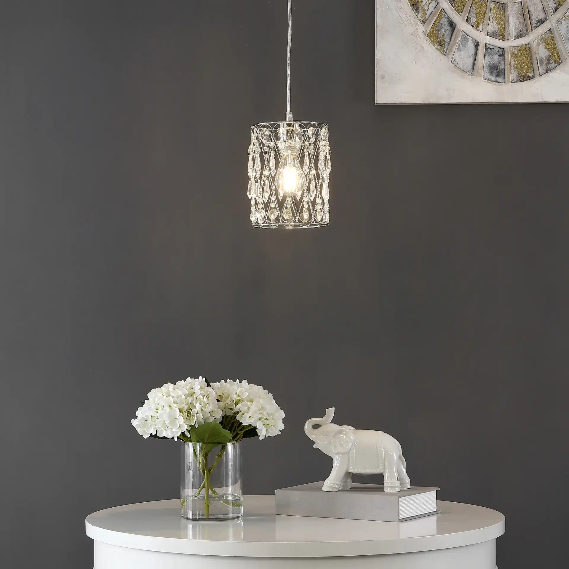 Vega Chandelier in Clear / Chrome in a styled room