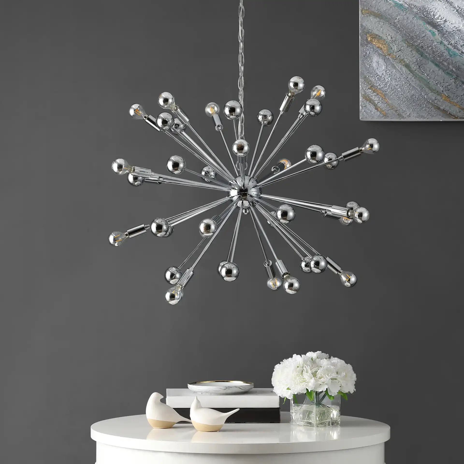 Starburst Sputnik Pendant Lamp in Chrome in a styled room