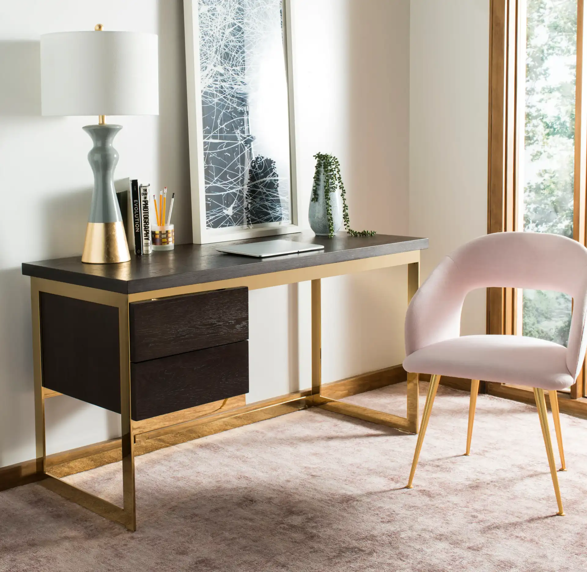 Iris Table Lamp (Set Of 2) in Gray / Gold in a styled room