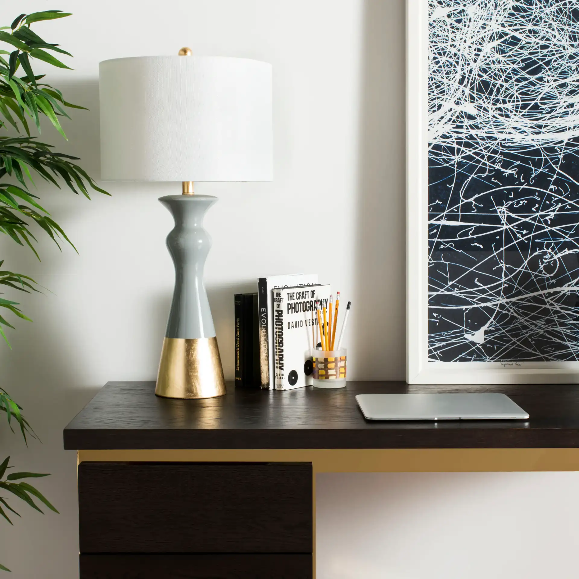 Iris Table Lamp (Set Of 2) in Gray / Gold in a styled room